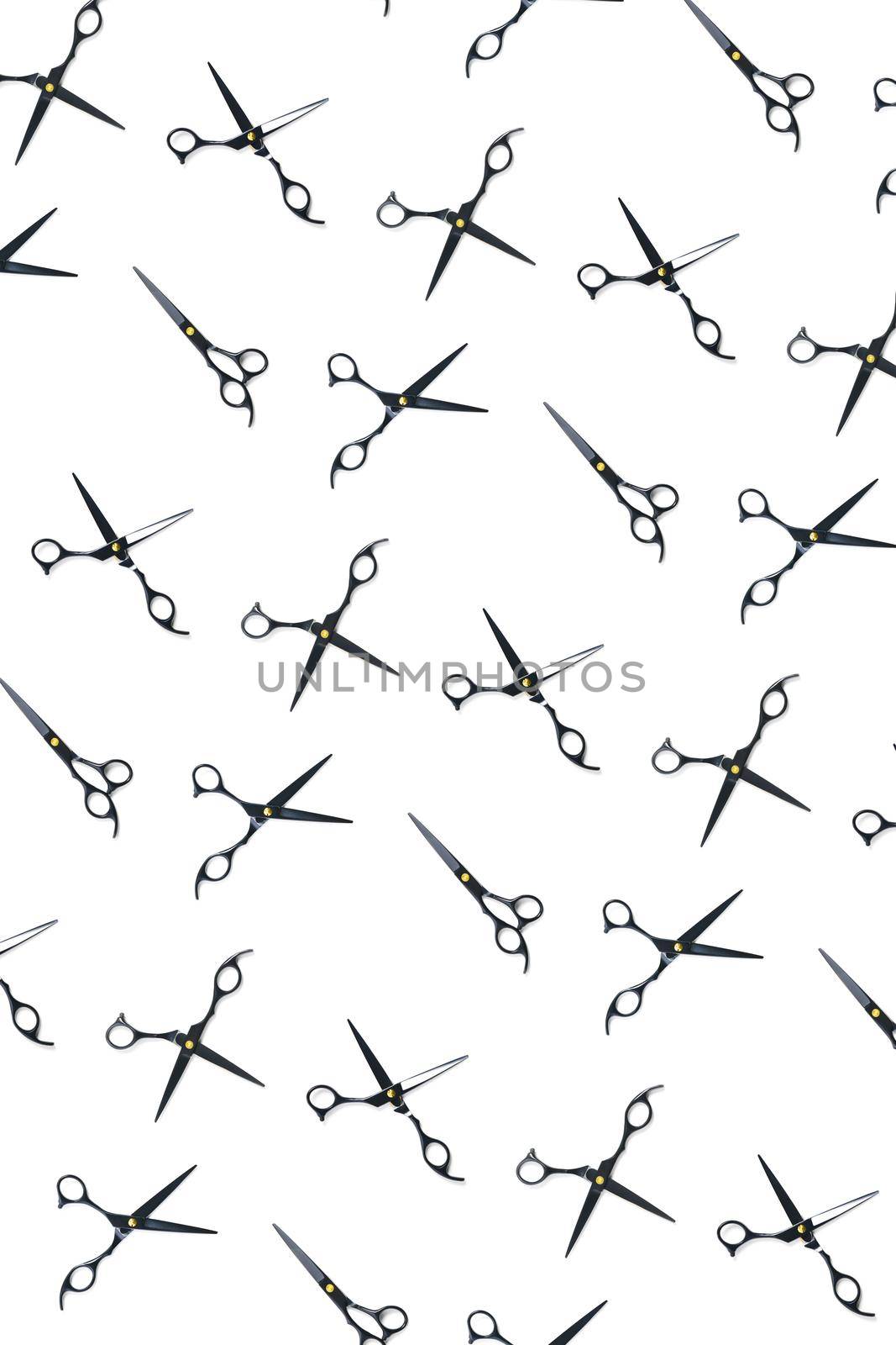 Background made from black scissors. professional hairdresser black scissors isolated on white. Black barber scissors, close up. pop art background by PhotoTime