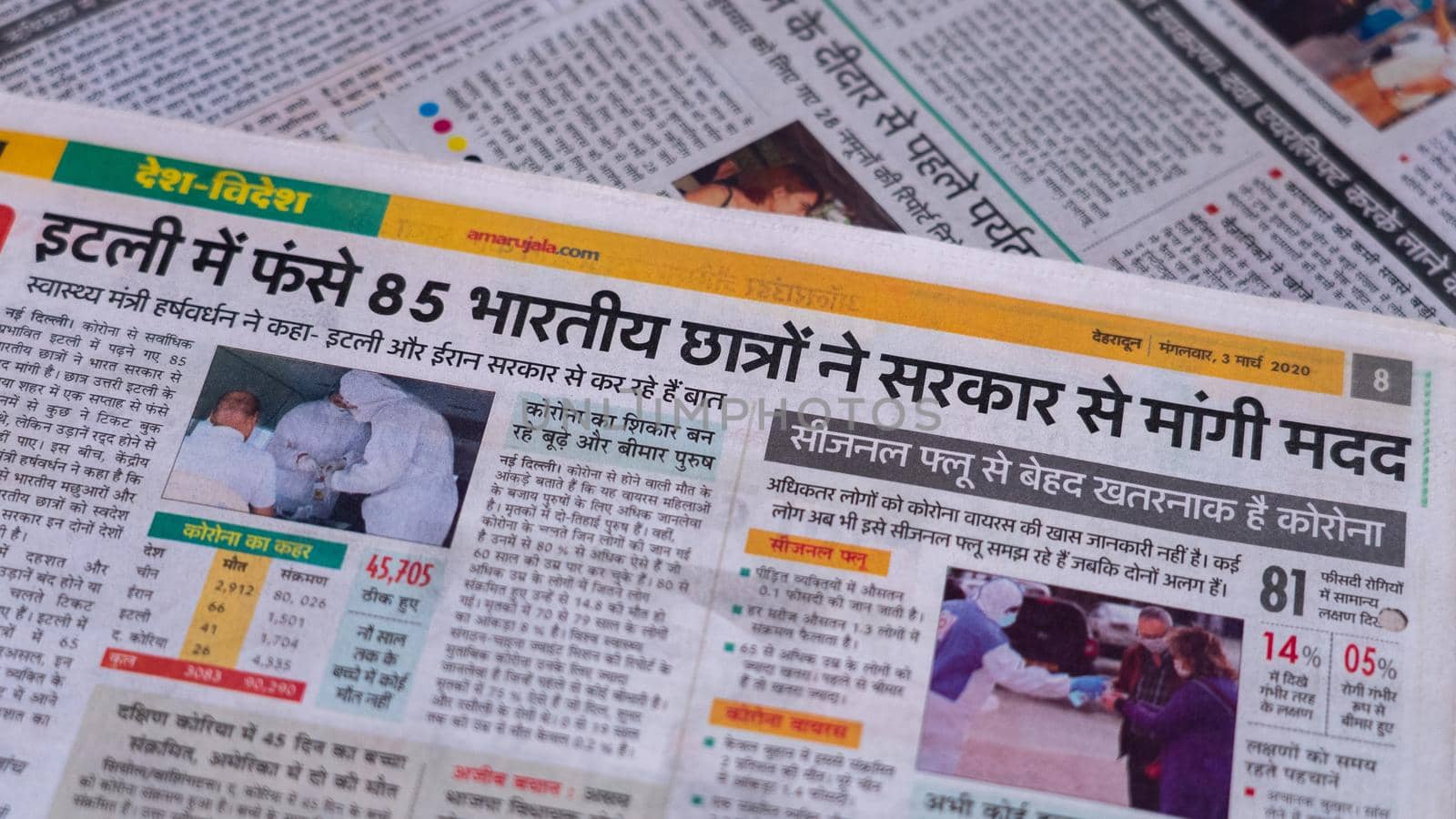 Dehradun, Uttarakhand India June 28, 2021. Hindi, Coronavirus COVID-19 News Headline in Newspaper of India. Headlines of the month March, April 2020.