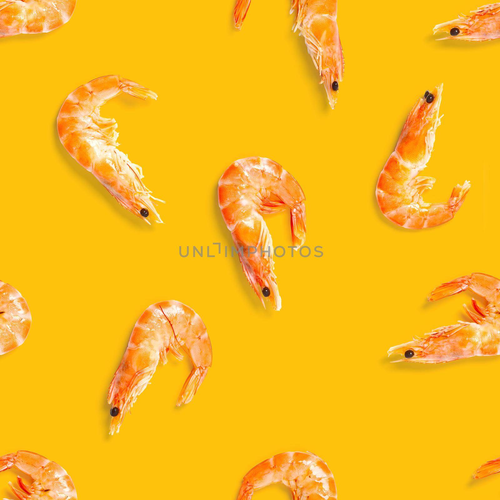 Tiger shrimp. Seamless pattern made from Prawn isolated on a orange background. Seafood seamless pattern with shrimps. seafood pattern by PhotoTime