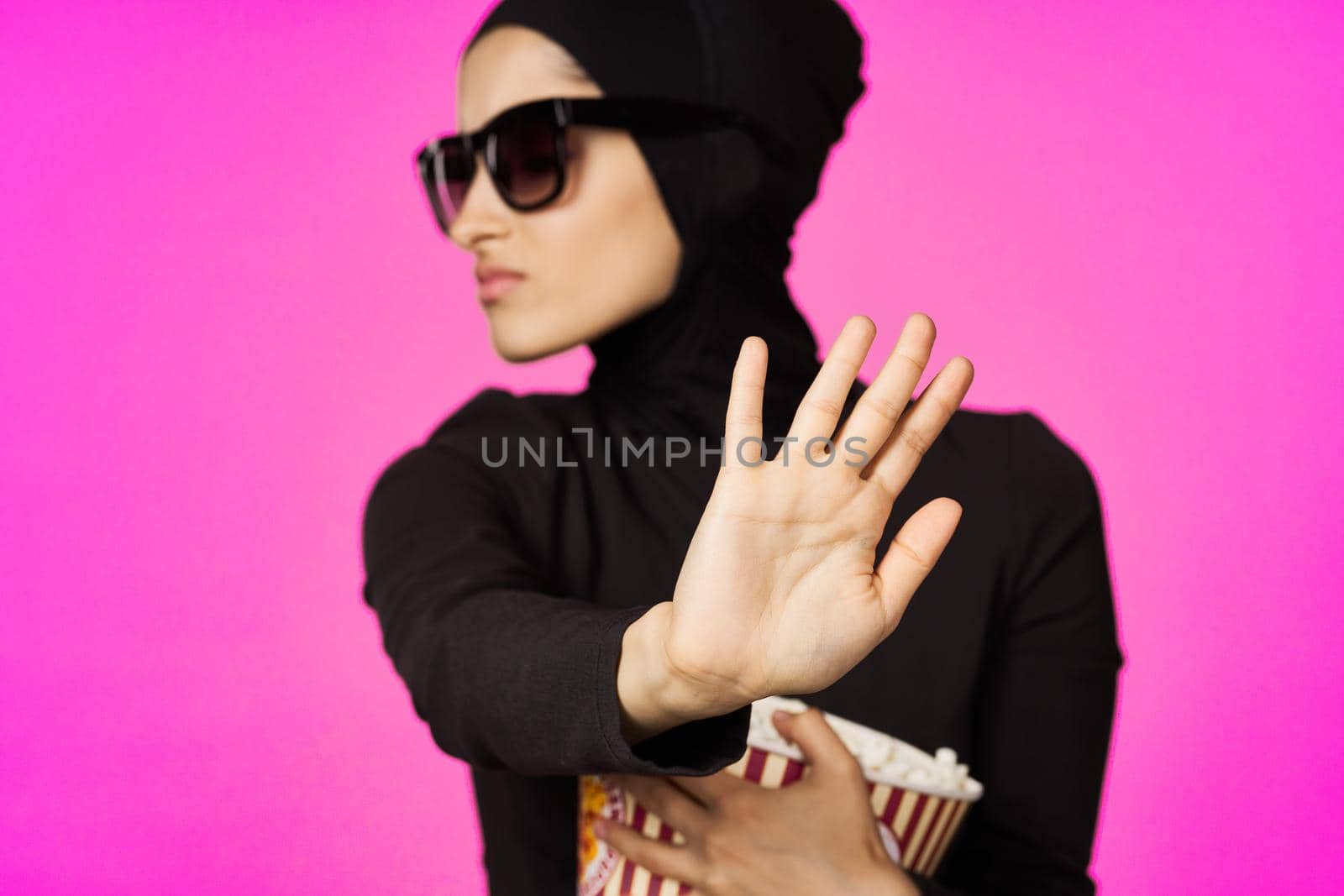 cheerful woman attractive look popcorn glasses movie watching isolated background. High quality photo