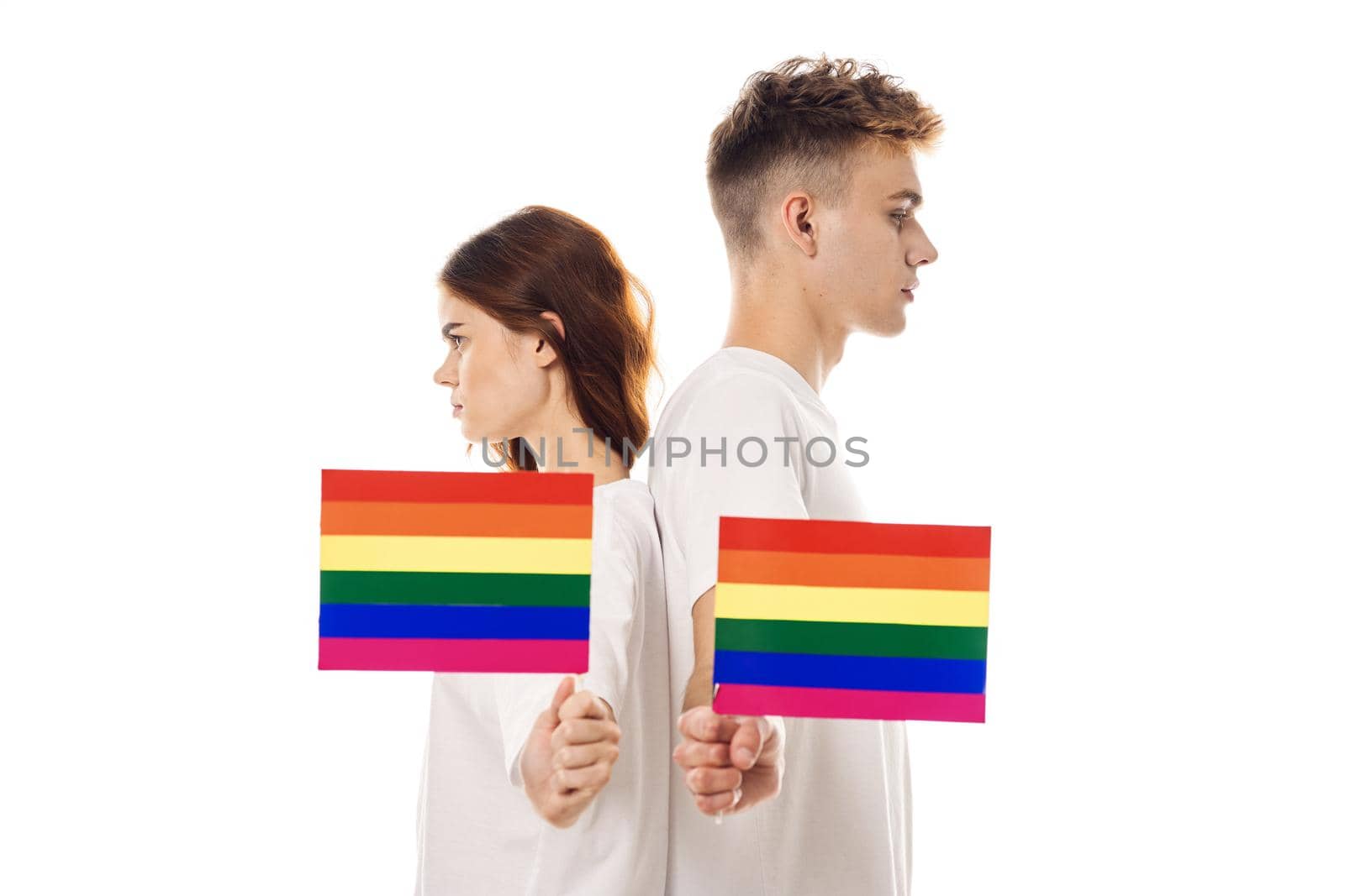 young couple lgbt Flag transgender lifestyle light background by Vichizh