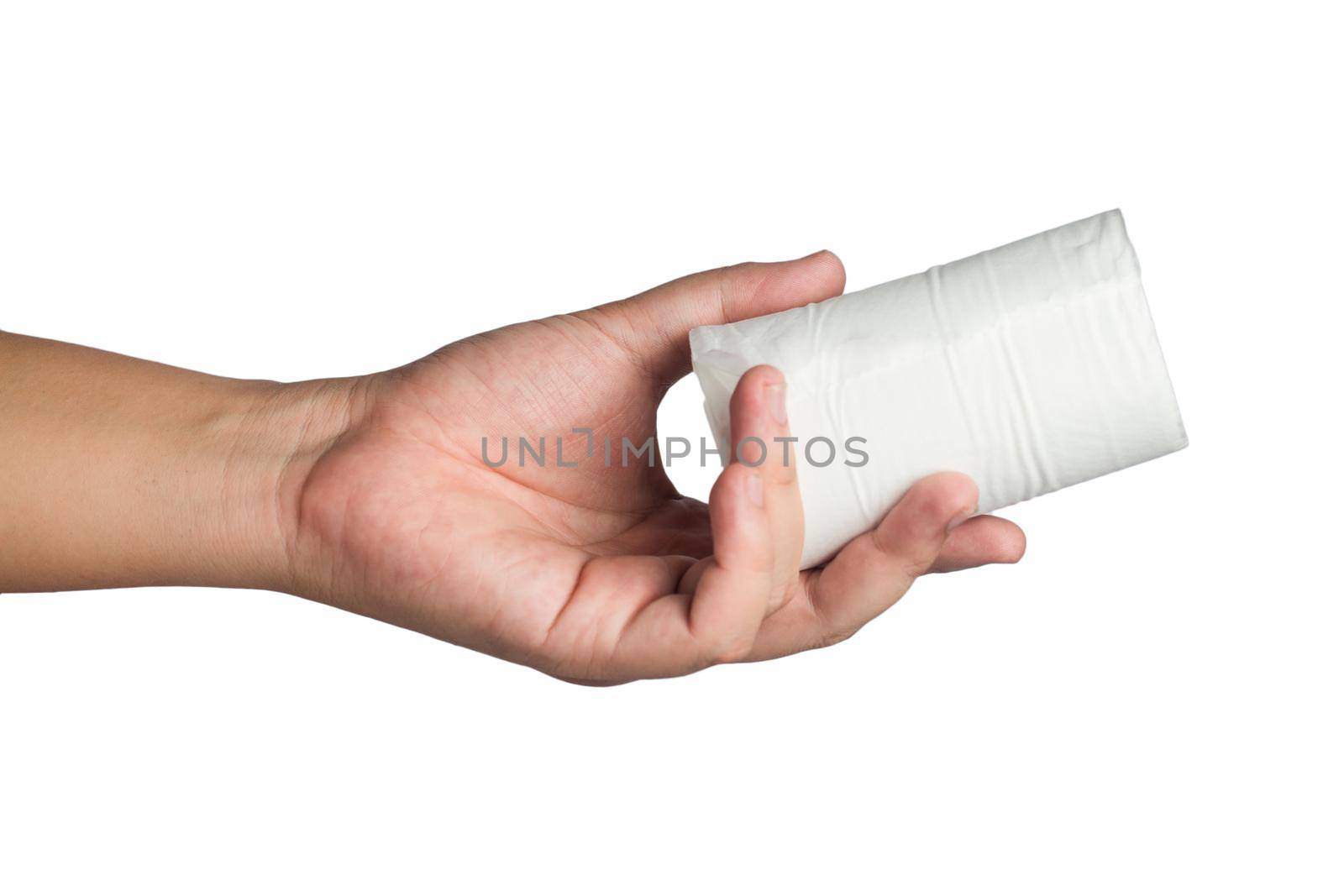 Hand with toilet paper isolated on white