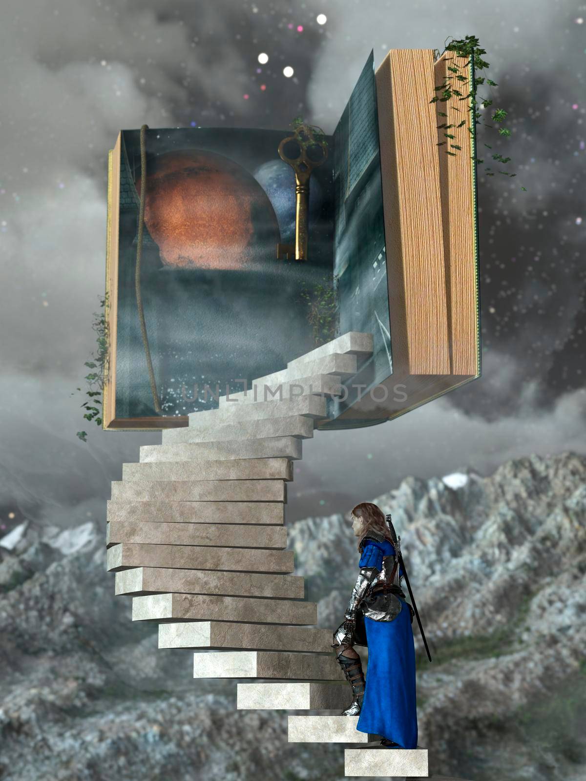 Knight climbing stairs to the storybook in the clouds by ankarb