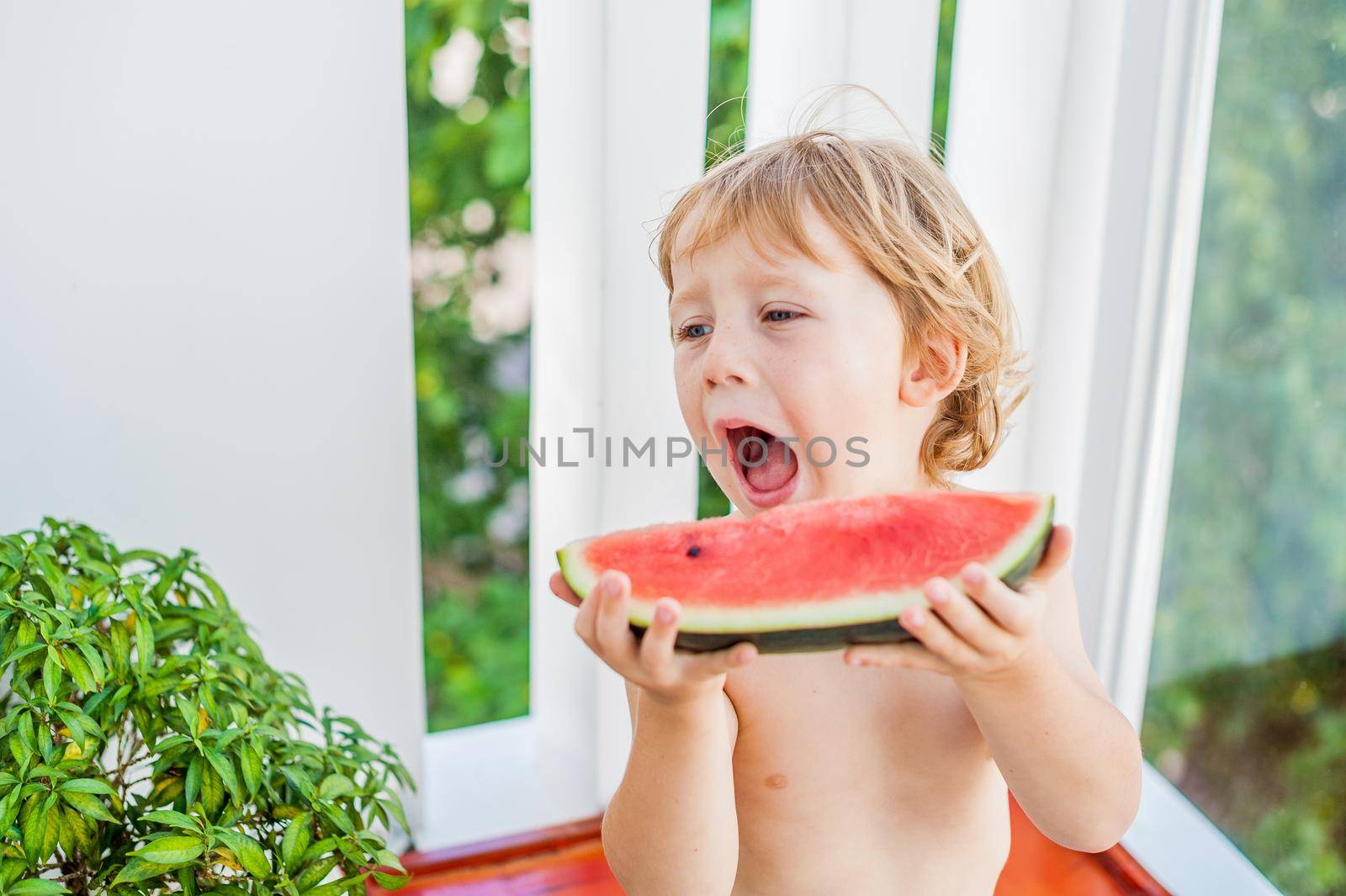 Boy smiling and eating watermelon. Childhood concept. Healthy food concept