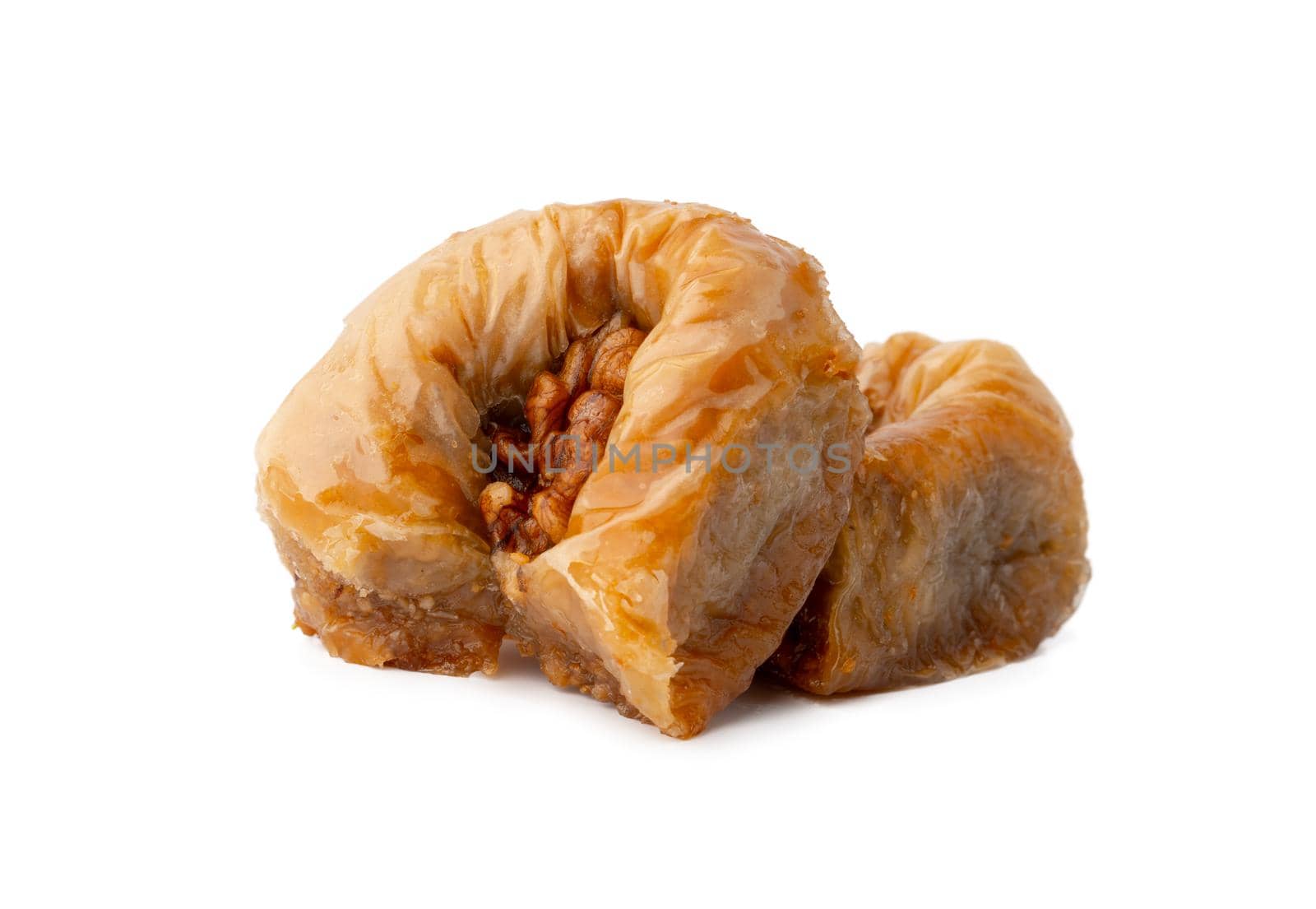 Delicious sweet baklava isolated on white background, close up