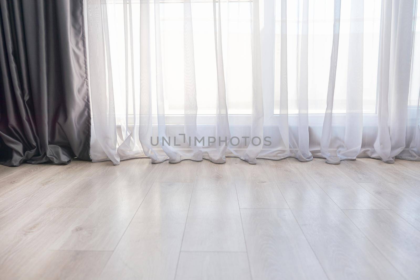 Window curtains, wood floor, interior, background Abstract image copy space