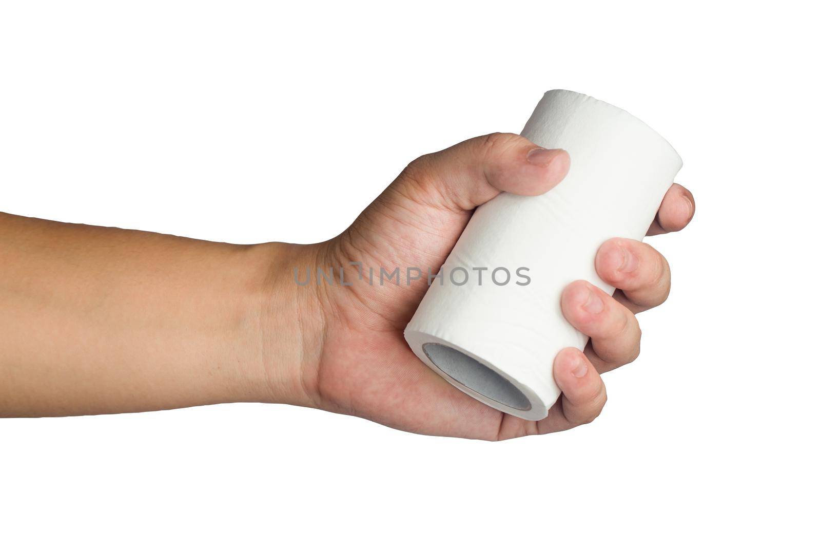 Hand with toilet paper isolated on white