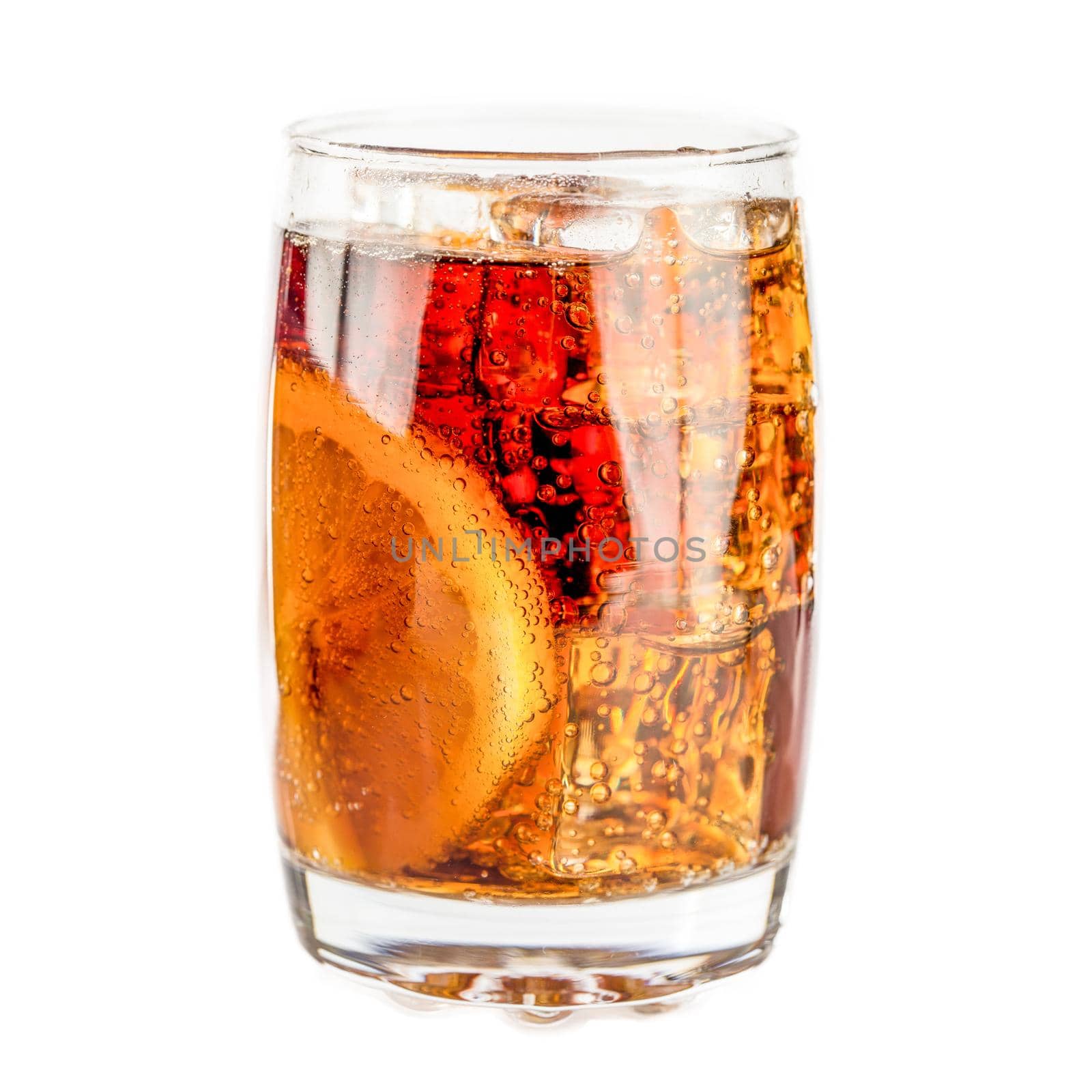 iced soda with lemon slice on white background