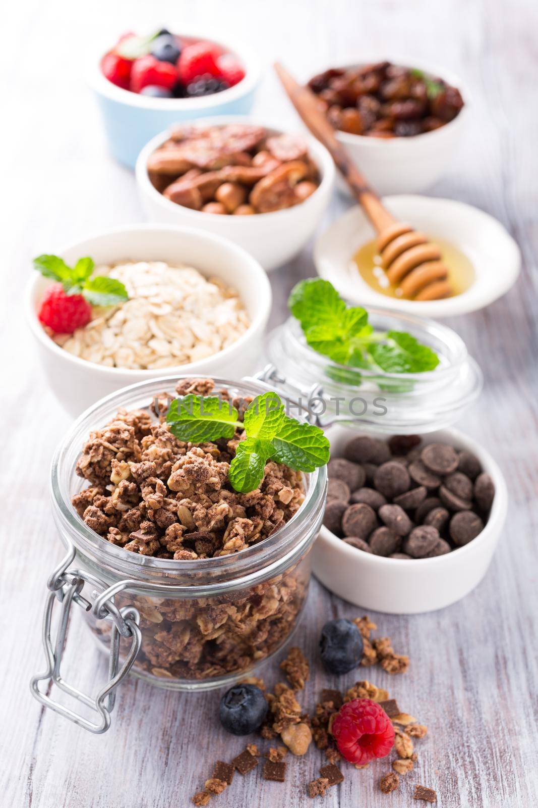 Homemade chocolate granola ingredients by IrynaMelnyk