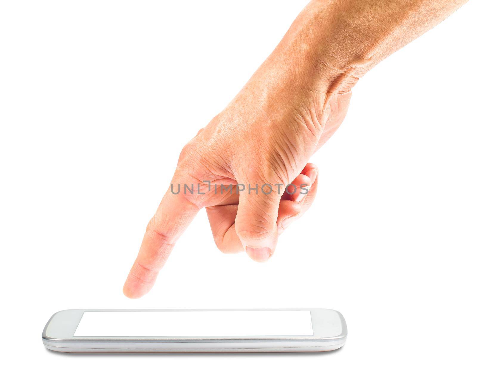 Close up of male hand using digital tablet with clip path