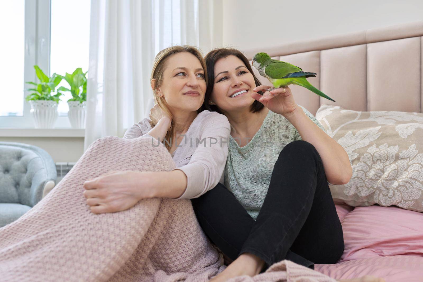 Two happy middle aged women sitting together on the bed with pet green parrot. Same sex female couple, relationship, lifestyle, people concept