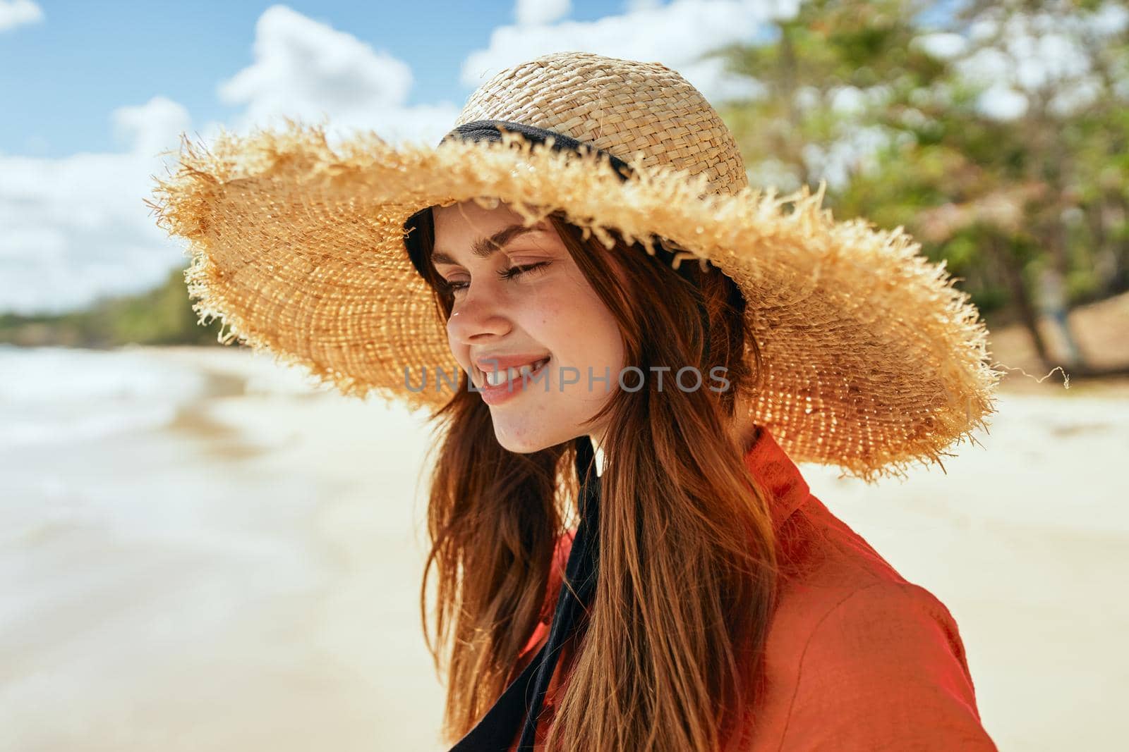 woman by the ocean beach start island landscape paradise. High quality photo