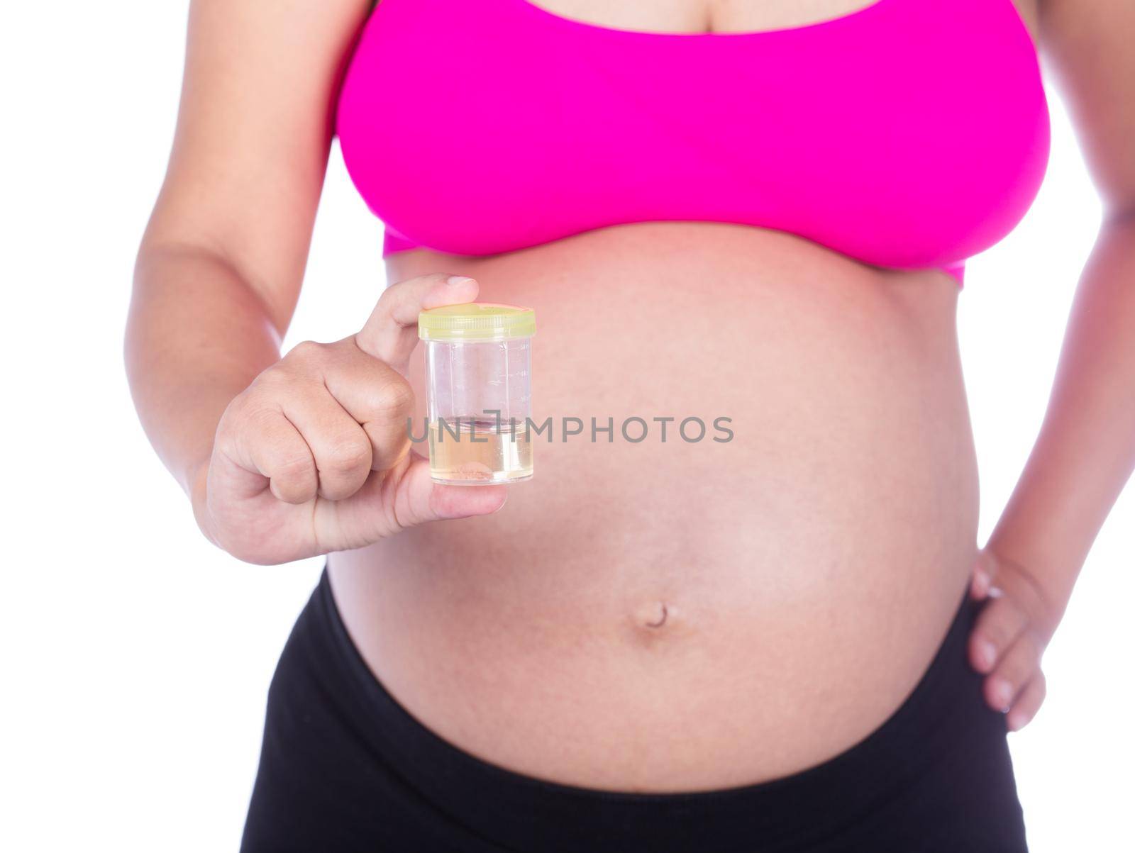 close-up belly of pregnant woman with urine bottle  isolated on white background