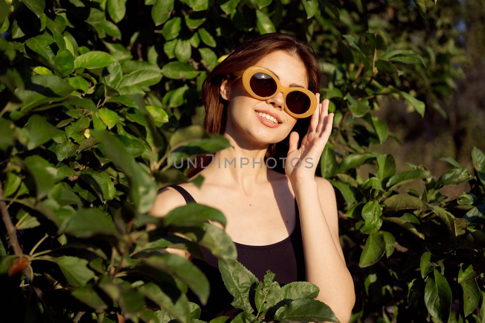 cheerful woman wearing sunglasses green leaves nature summer posing. High quality photo