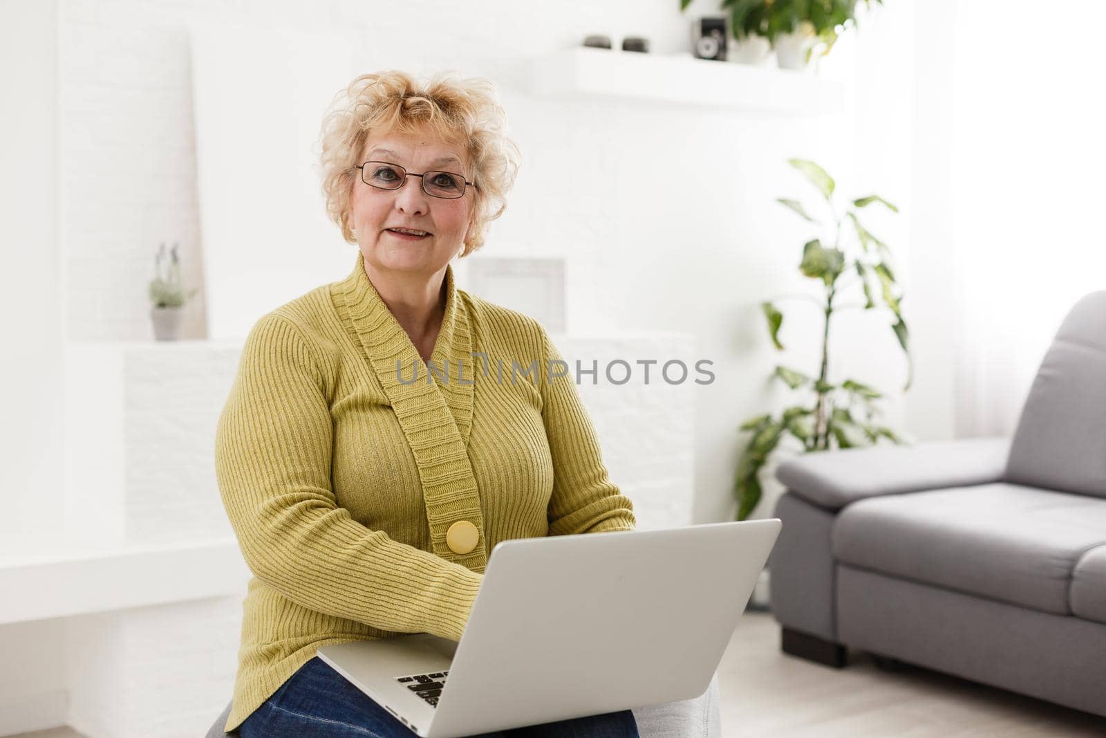 happy elderly woman using laptop computer at home