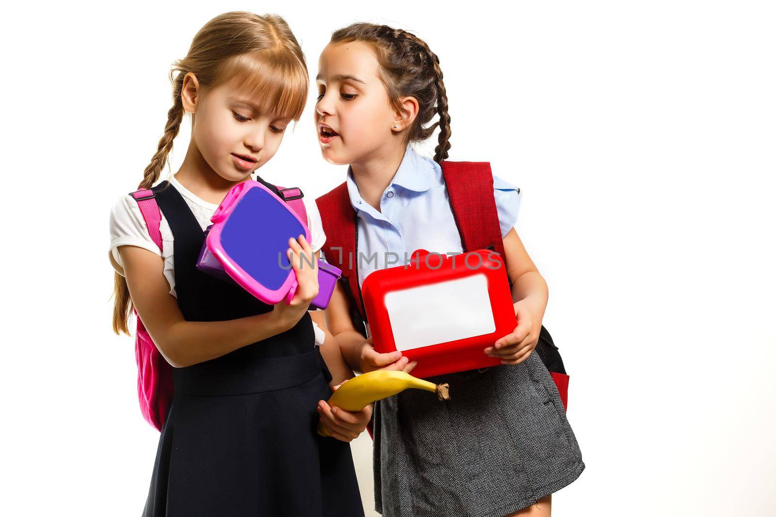 Two little schoolgirls. Education, fashion, friendship concept.