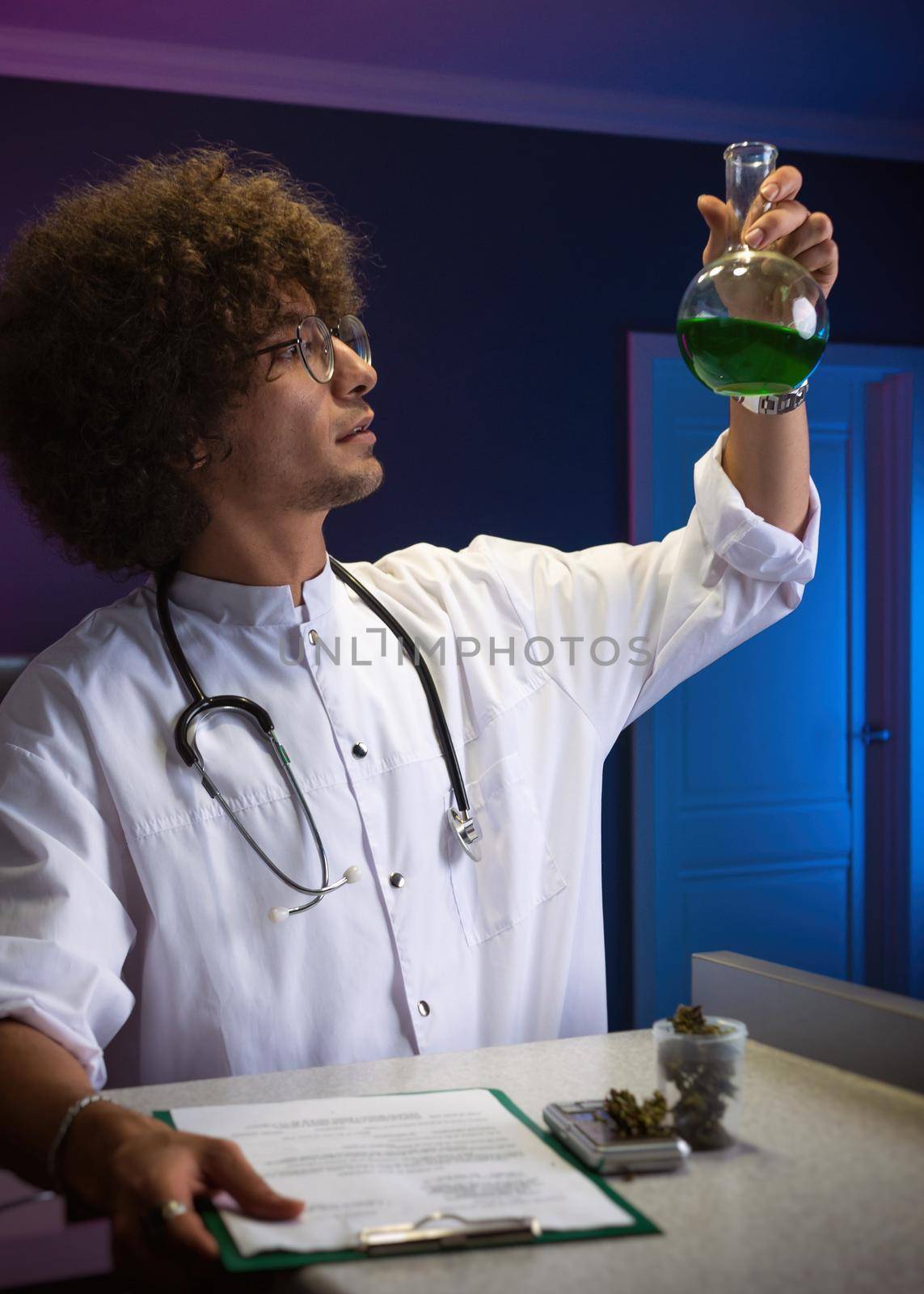 an Arab student with an Afro hairstyle in a doctor's suit is engaged in cannabis research by Rotozey