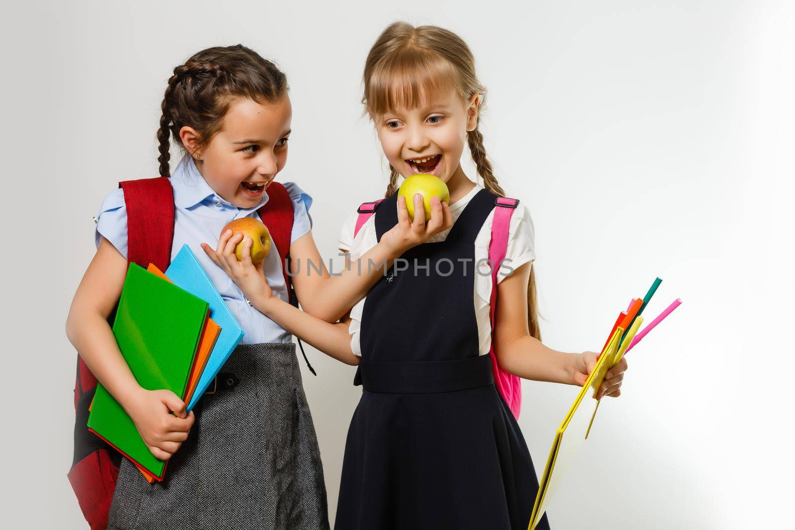 Portrait of two people nice cute lovely charming dreamy attractive cheerful pre-teen girls siblings showing aside ad promotion copy space isolated background
