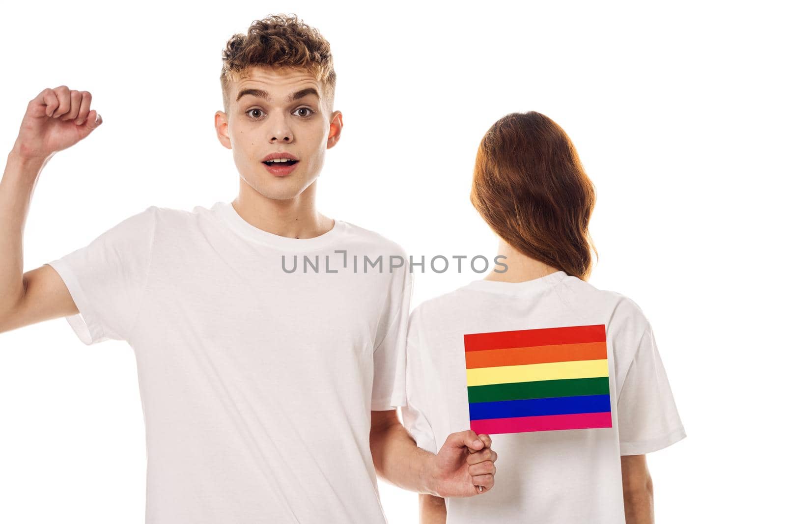 young couple lgbt Flag transgender lifestyle light background by Vichizh