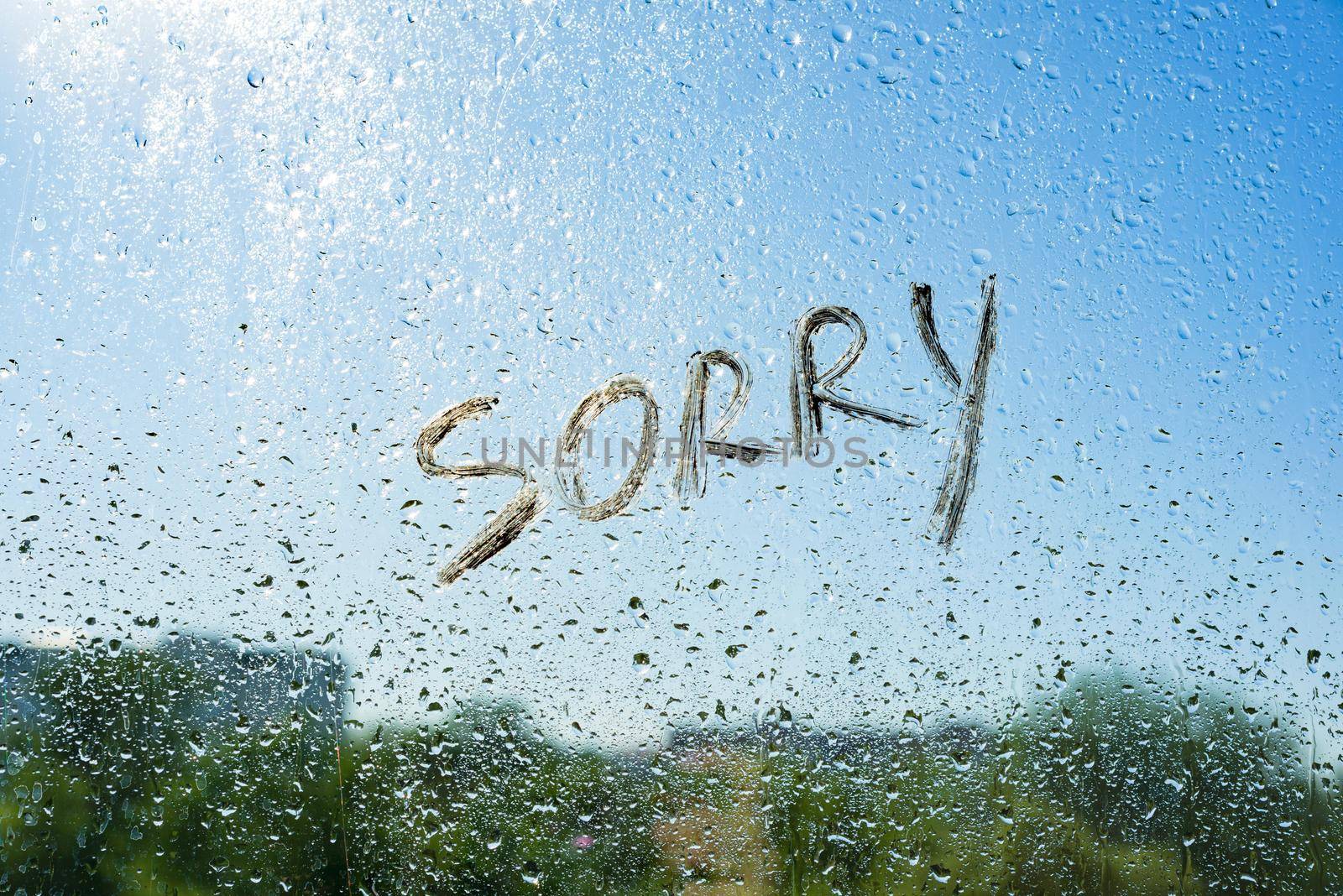 Word sorry on the window with raindrops. Background drop of water on the glass, blue sky, sun, city