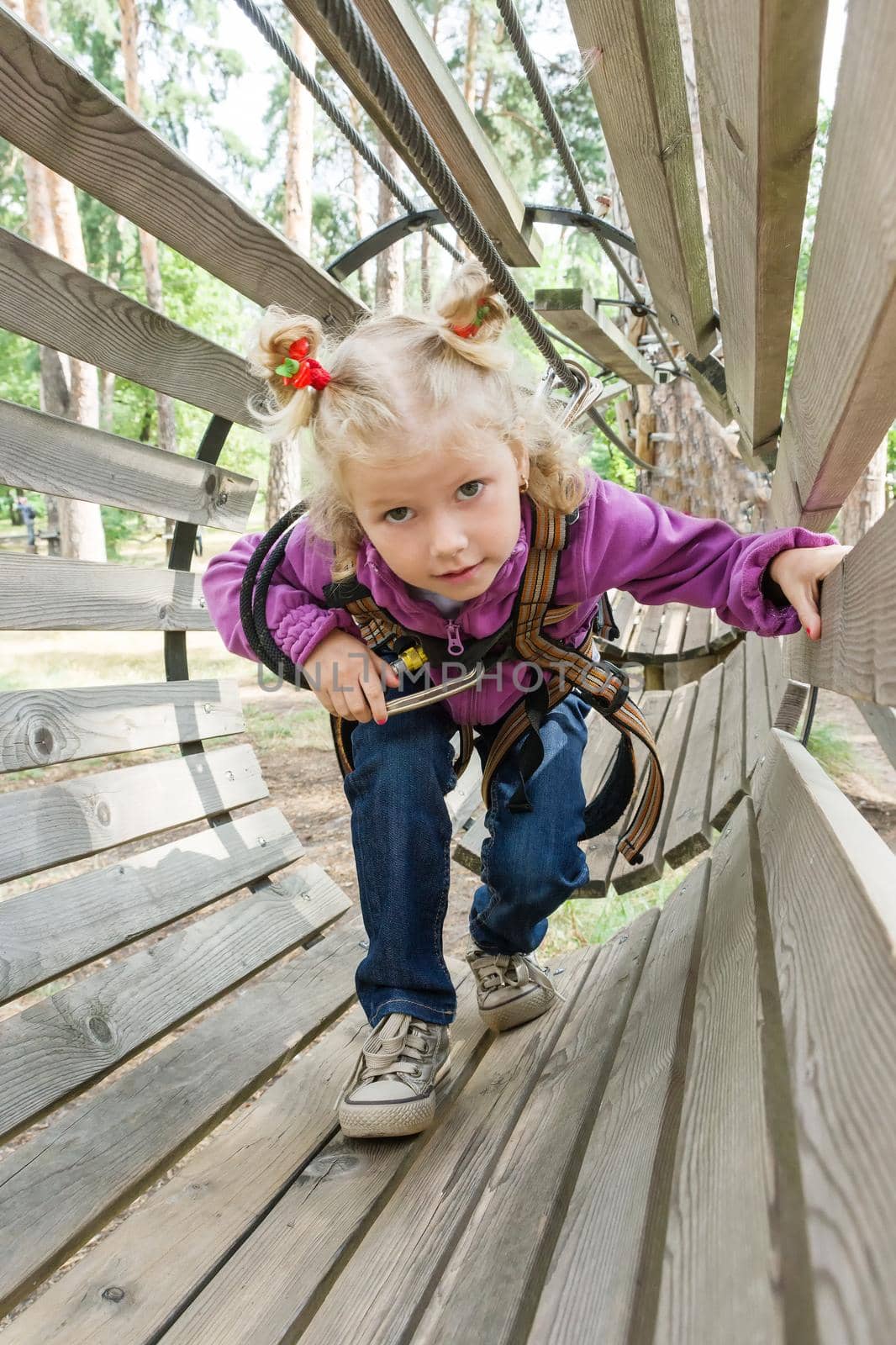 The girl is 4 years old in adventure climbing high wire park, active lifestyle of children.