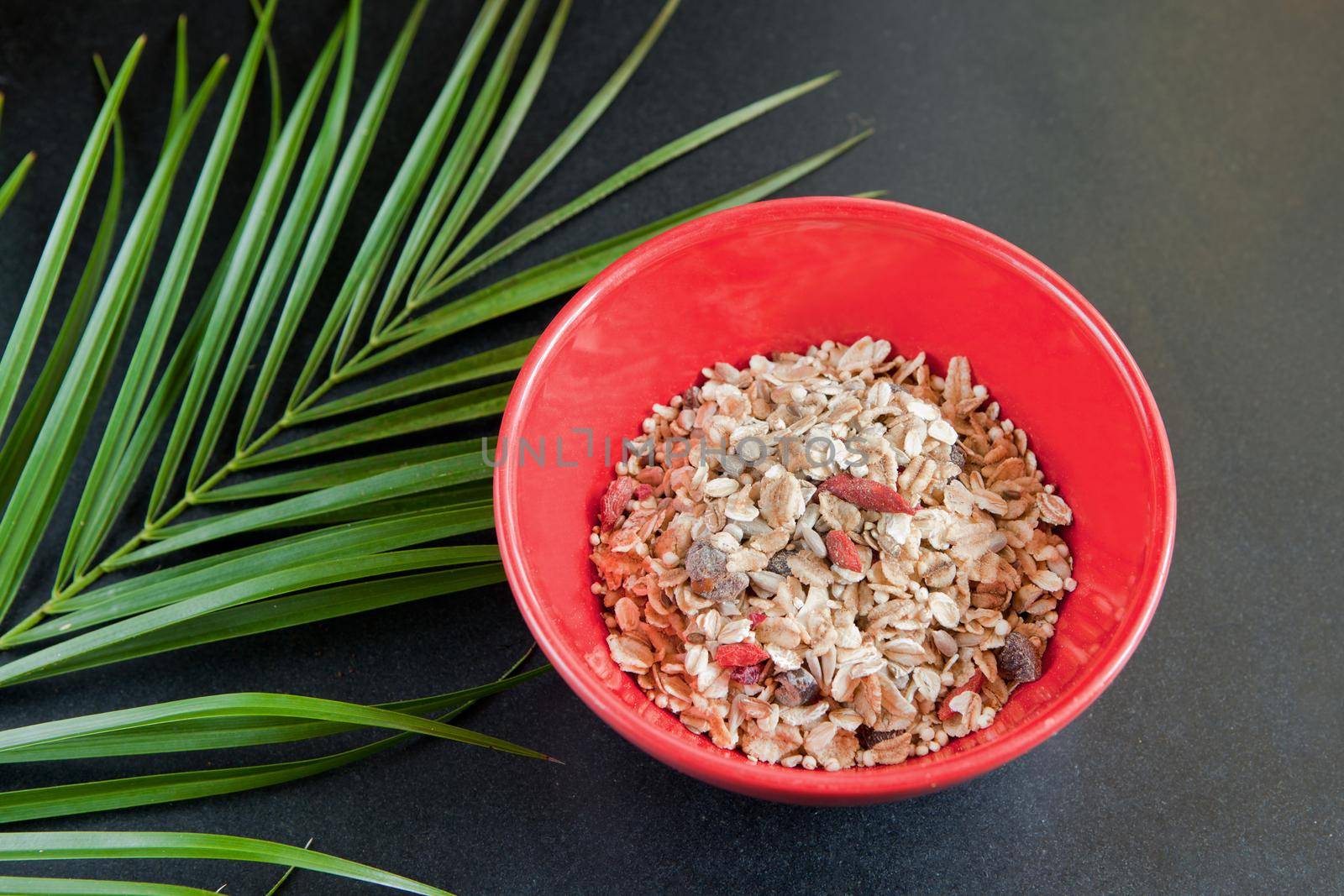 oatmeal with nuts and dried fruits in red bowl on black table near green palm leaf. Perfect whole grain breakfast as tasty organic food.