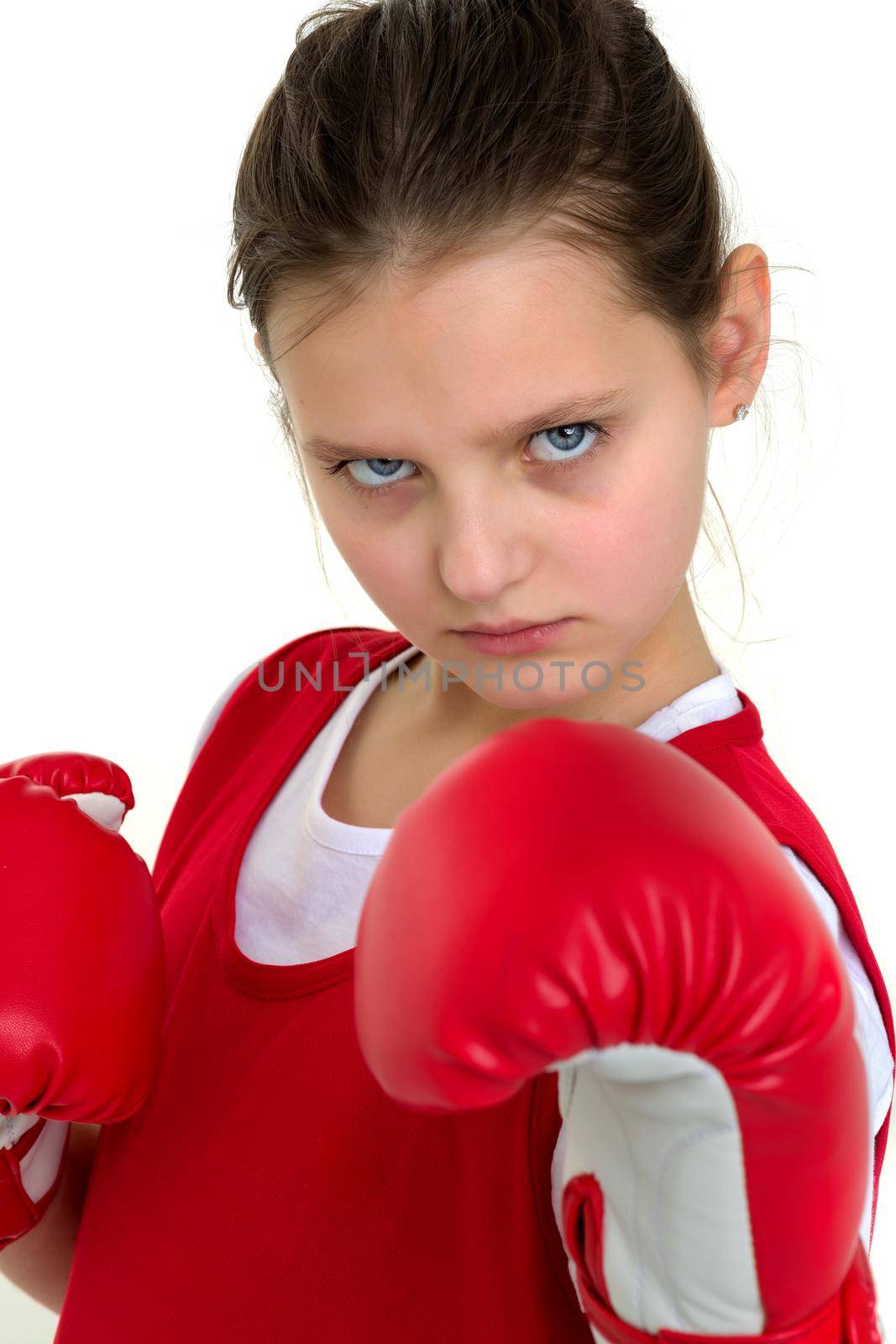 Sports boxer teenage girl, in the studio for white background. by kolesnikov_studio