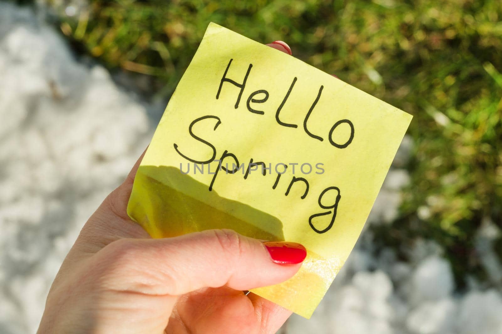 Hello Spring. A female hand holds a paper sticker with handwritten text against a background of melting snow and green grass.