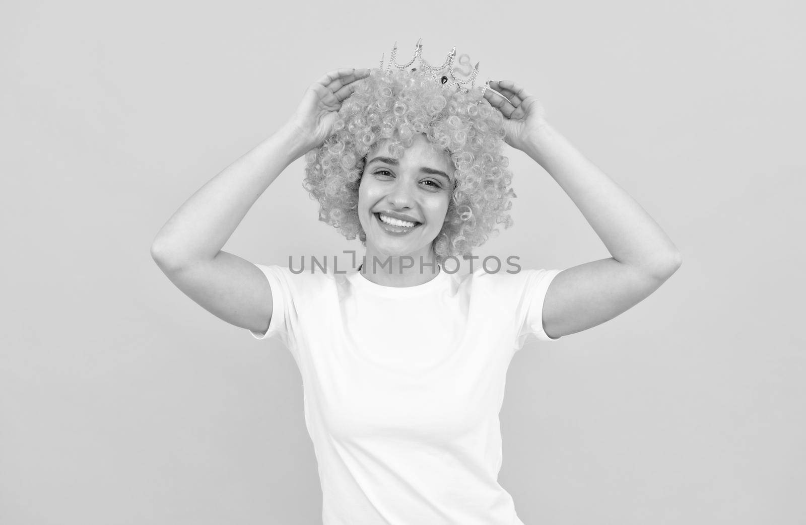look what i have. birthday party goer. happy funny woman in curly wig and crown. by RedFoxStudio