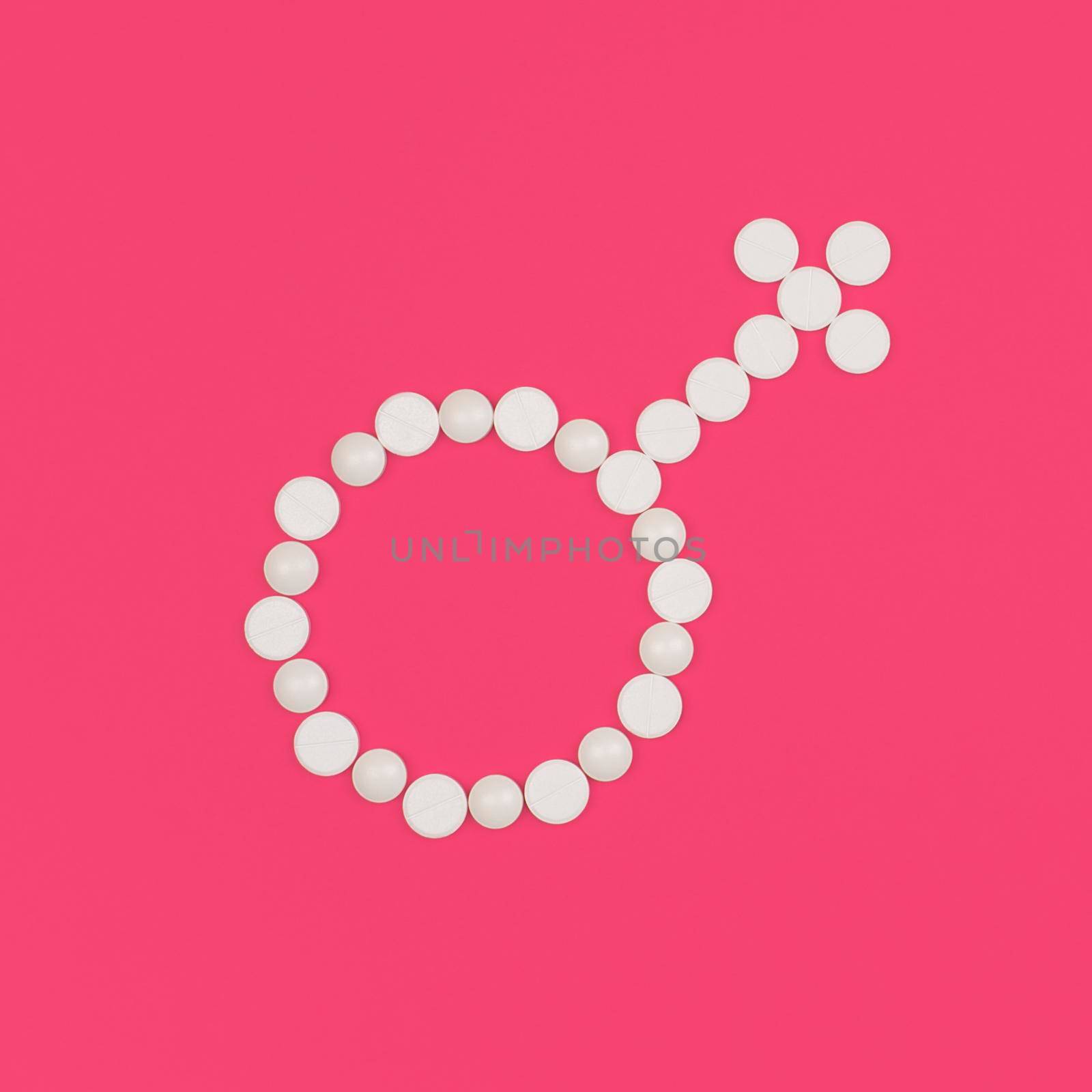 Medical background with pills. Female contraception concept. Gender symbol made from white pills or tablets on pink background. Flat lay