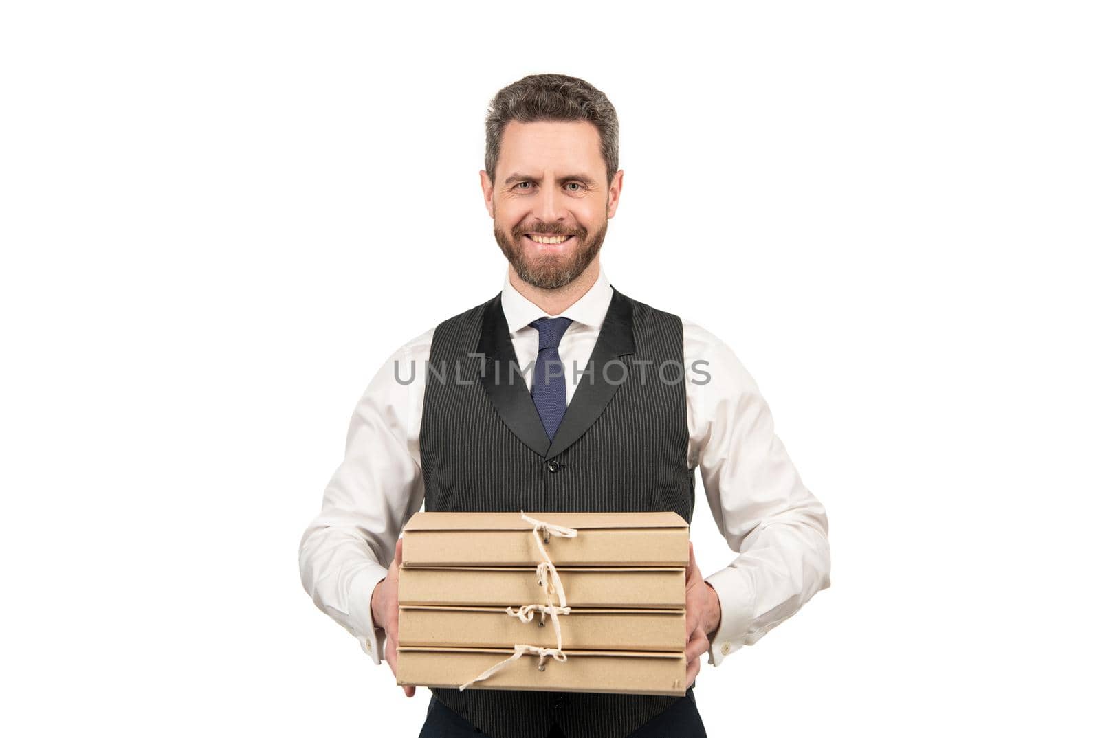 happy manager hold heap of folders isolated on white, management.