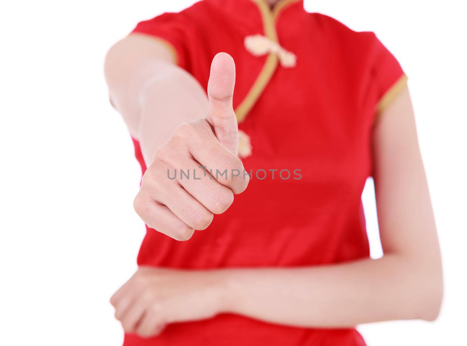 woman wear red cheongsam and thumb up in concept of happy chinese new year isolated on white background by geargodz