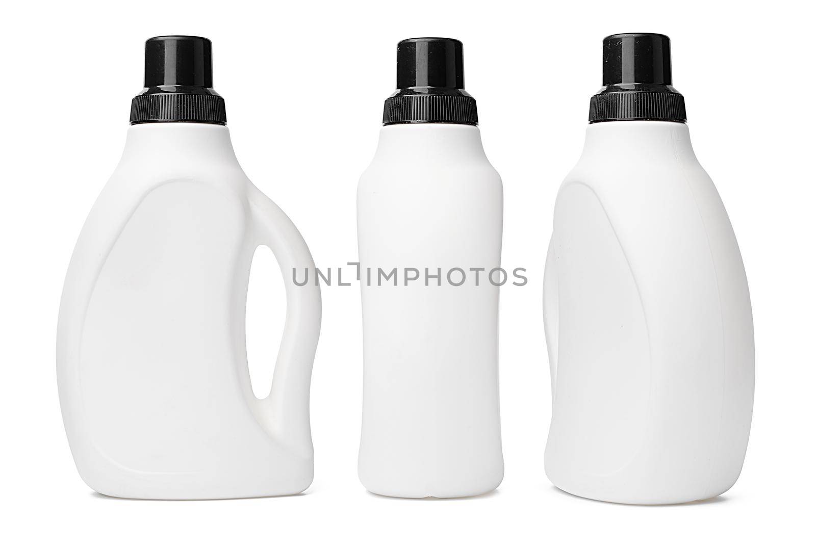 White plastic bottle of washing liquid isolated on white background, close up