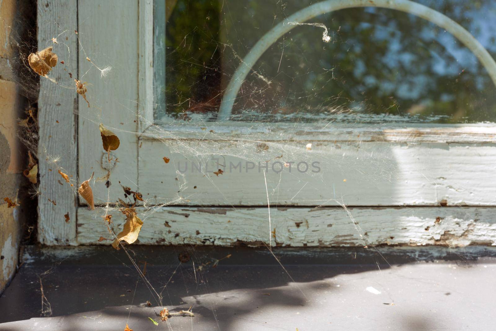 Window detail in the house with a white wooden cracked frame and wrapped in cobweb.