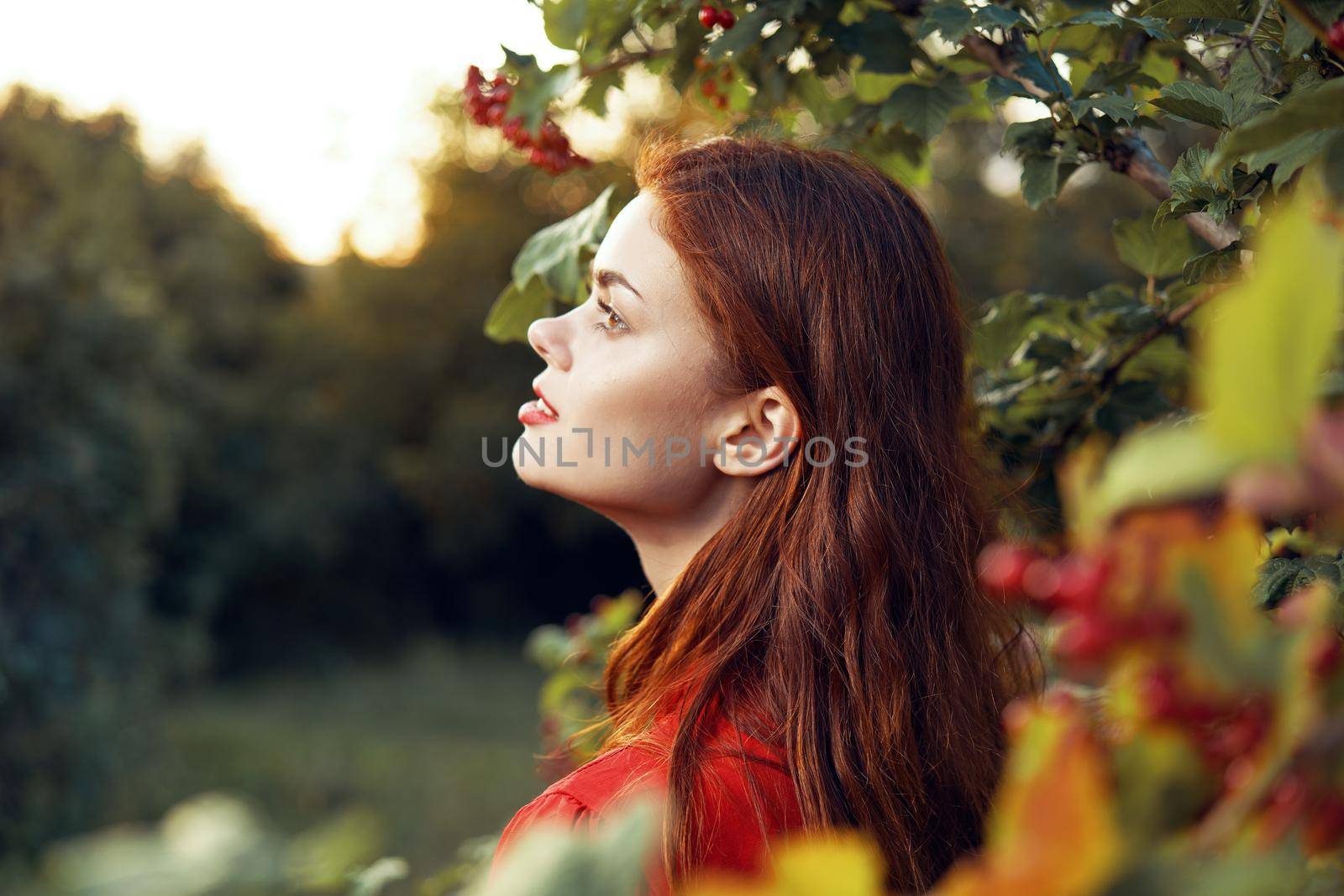 woman in red dress green leaves nature freedom summer. High quality photo