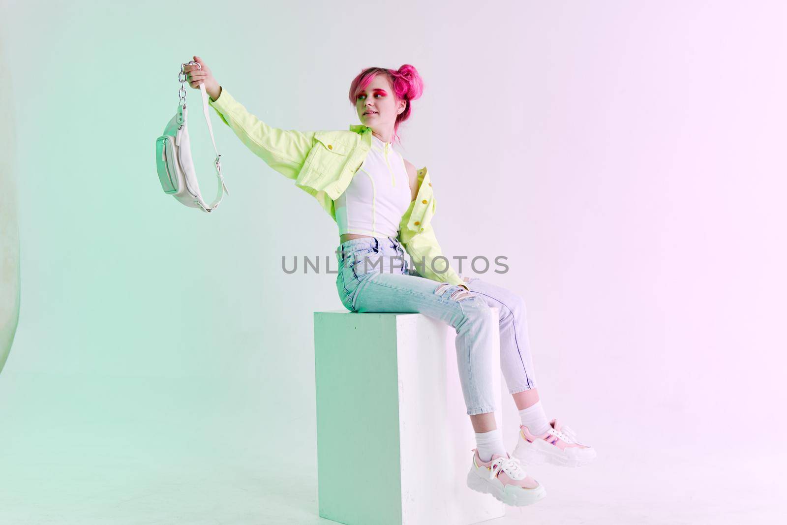 pretty woman green jacket fashionable clothes Acid style design. High quality photo