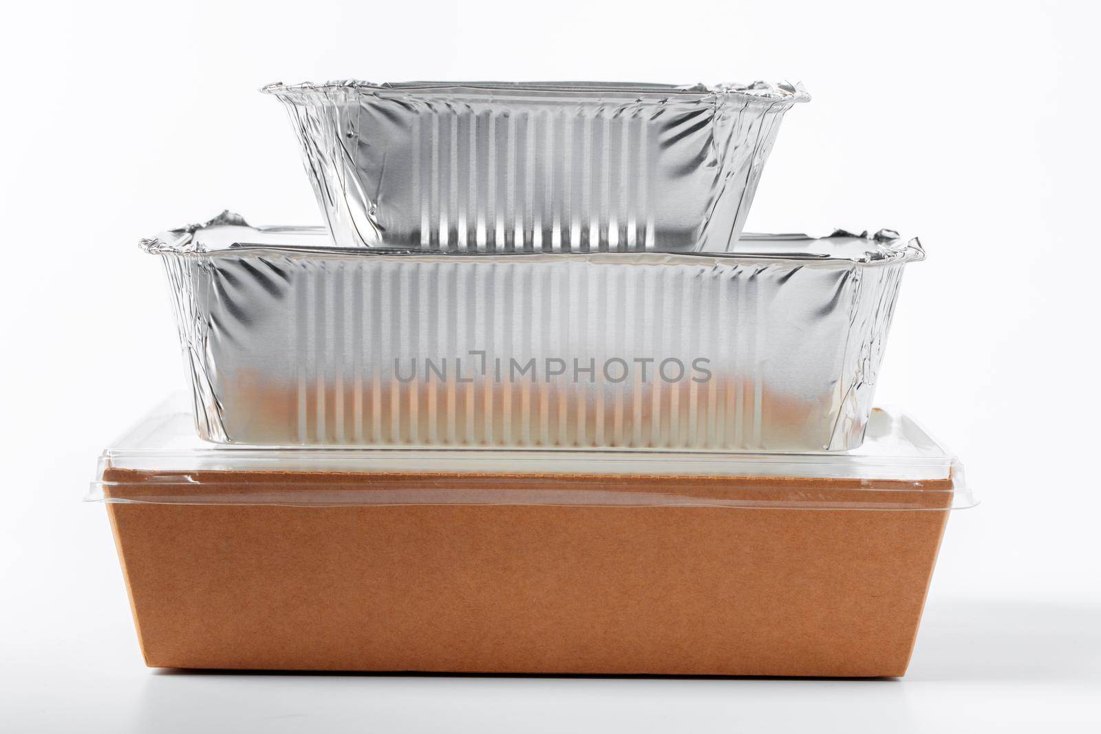 Assortment of food delivery containers on white background close up