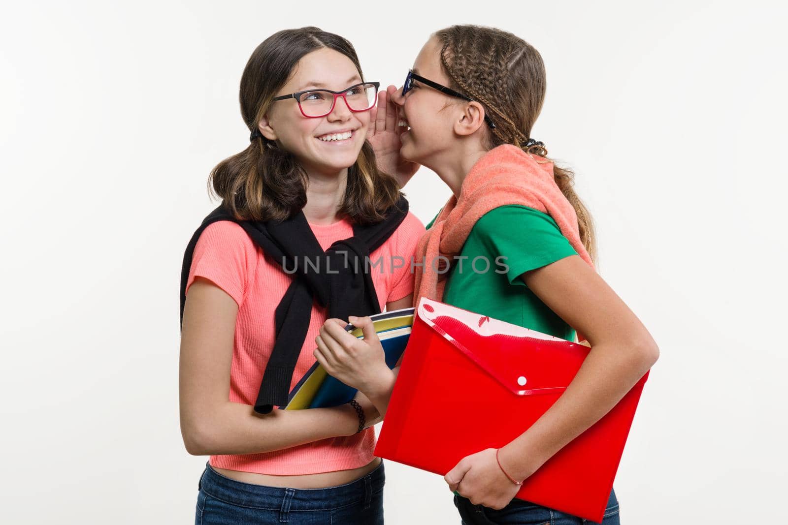 Happy high school friends are teenage girls, talk and secret. White background with books and notebooks.