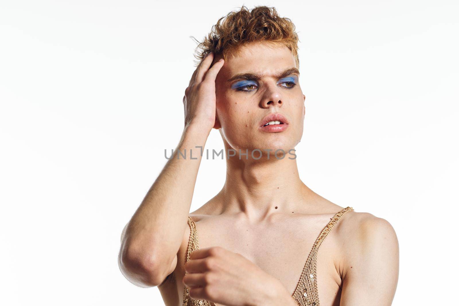 guy with female makeup posing transgender lgbt community. High quality photo