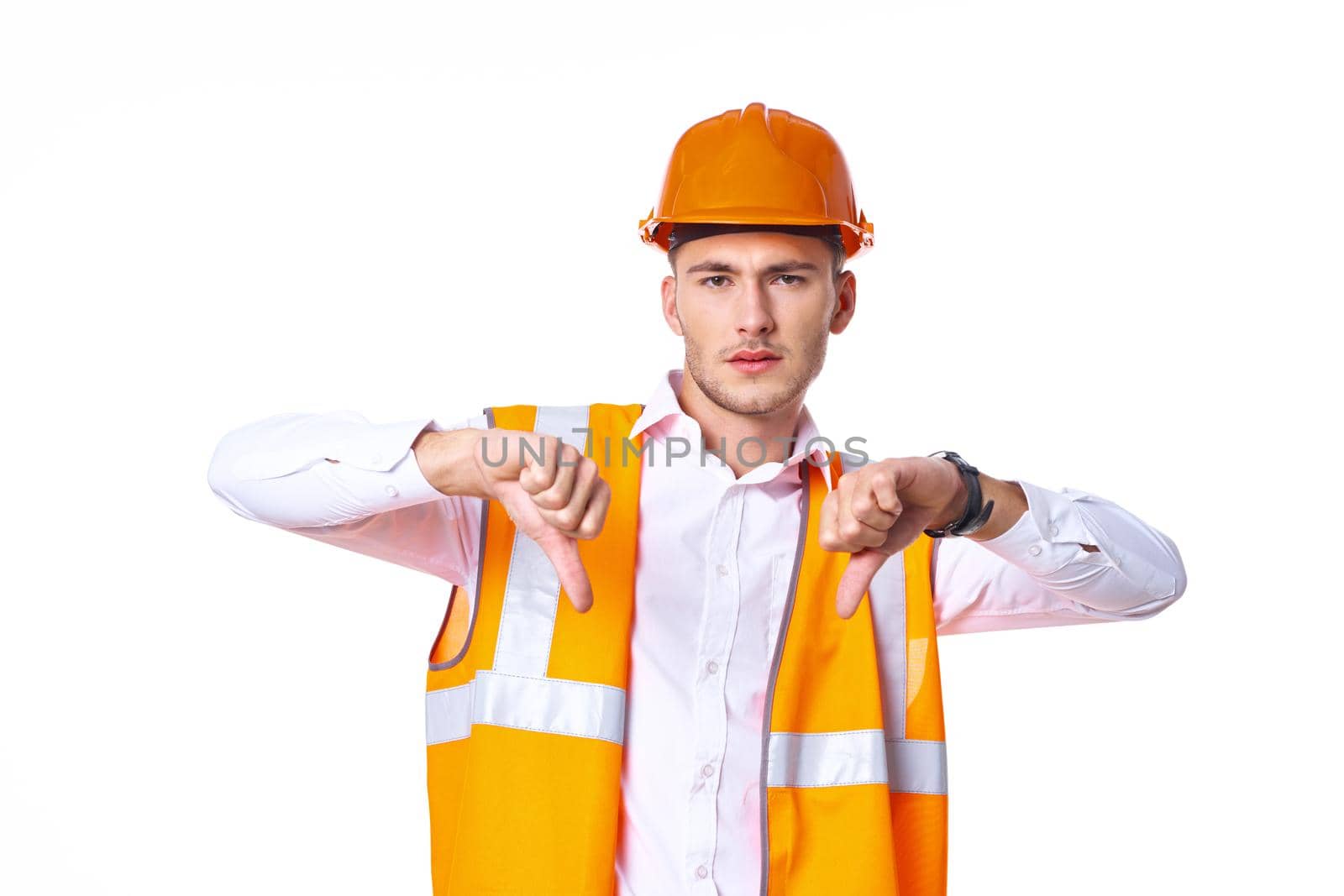 working man in orange uniform posing construction by Vichizh