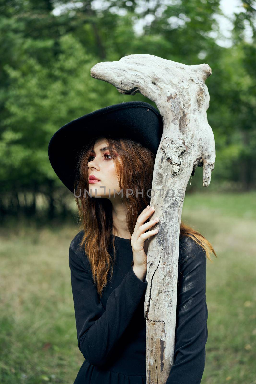 woman in witch costume halloween forest staff gothic by Vichizh