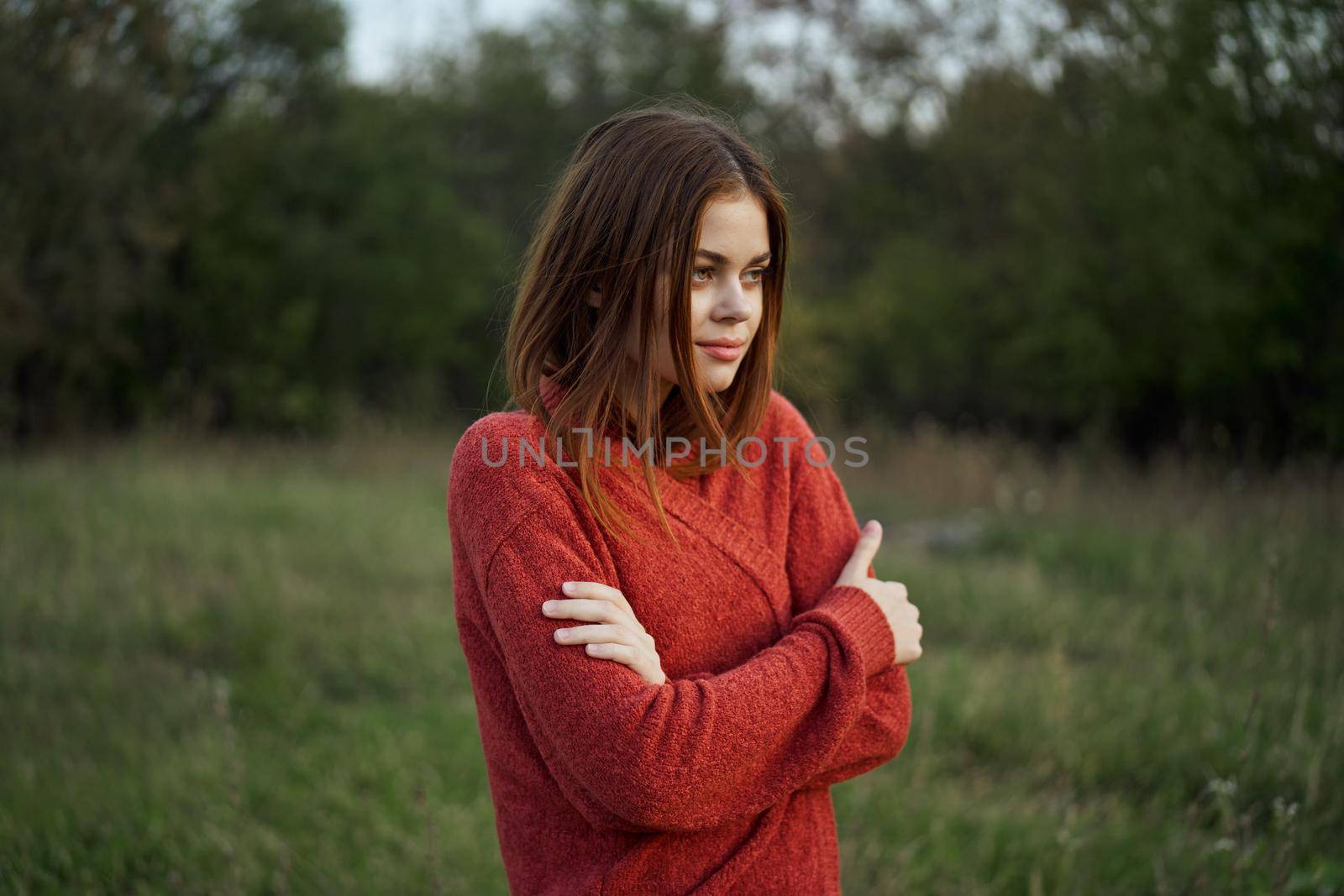 woman red sweater cool air nature romance by Vichizh