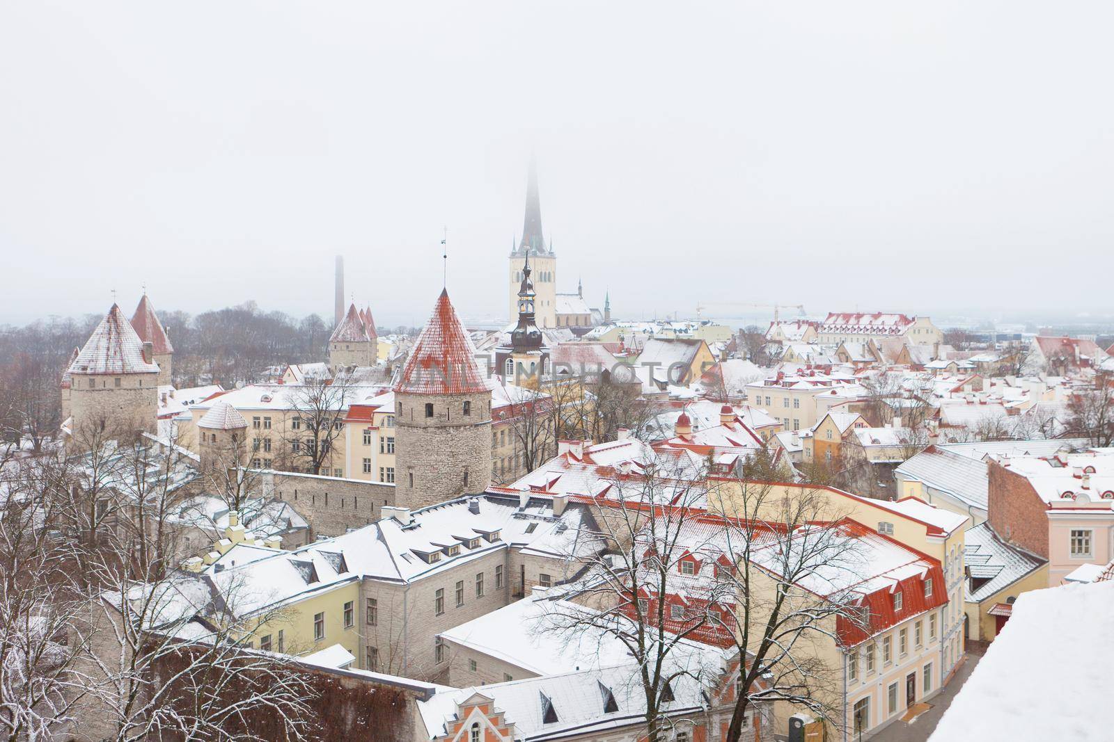 Tower of the city wall and Oleviste Catholic Church at the Old city of Tallinn in Estonia at the winter time. Gothic Scandinavian architecture of medieval charming Old Town and snow. Panoramic view