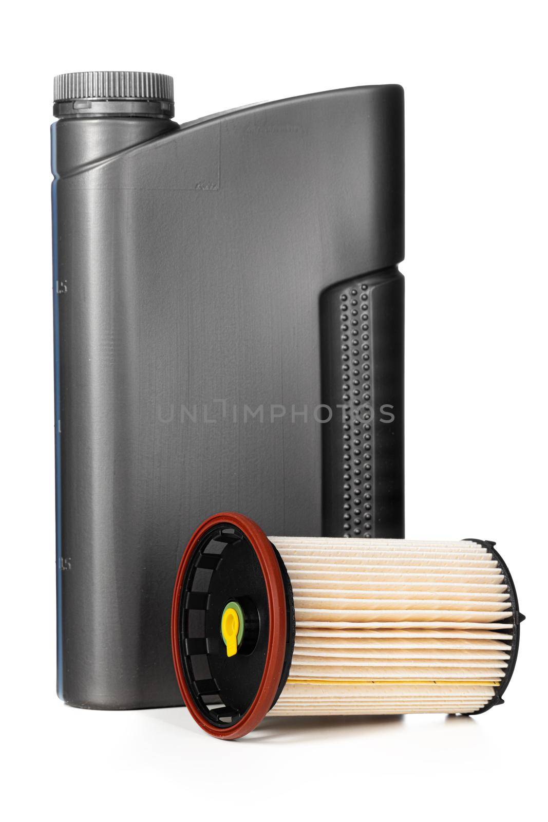 Car filters and motor oil can isolated on white, close up.
