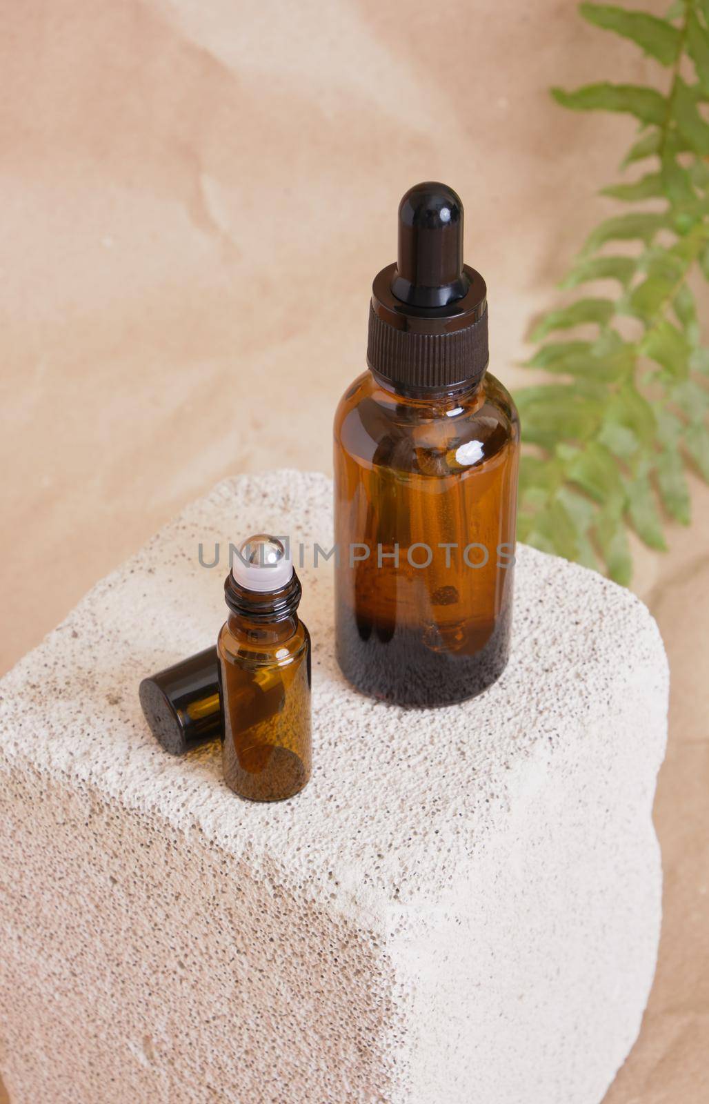 glass cosmetic oil bottle with pipette and lip balm cosmetic container on brick, brown background and fern, natural cosmetics concept by natashko