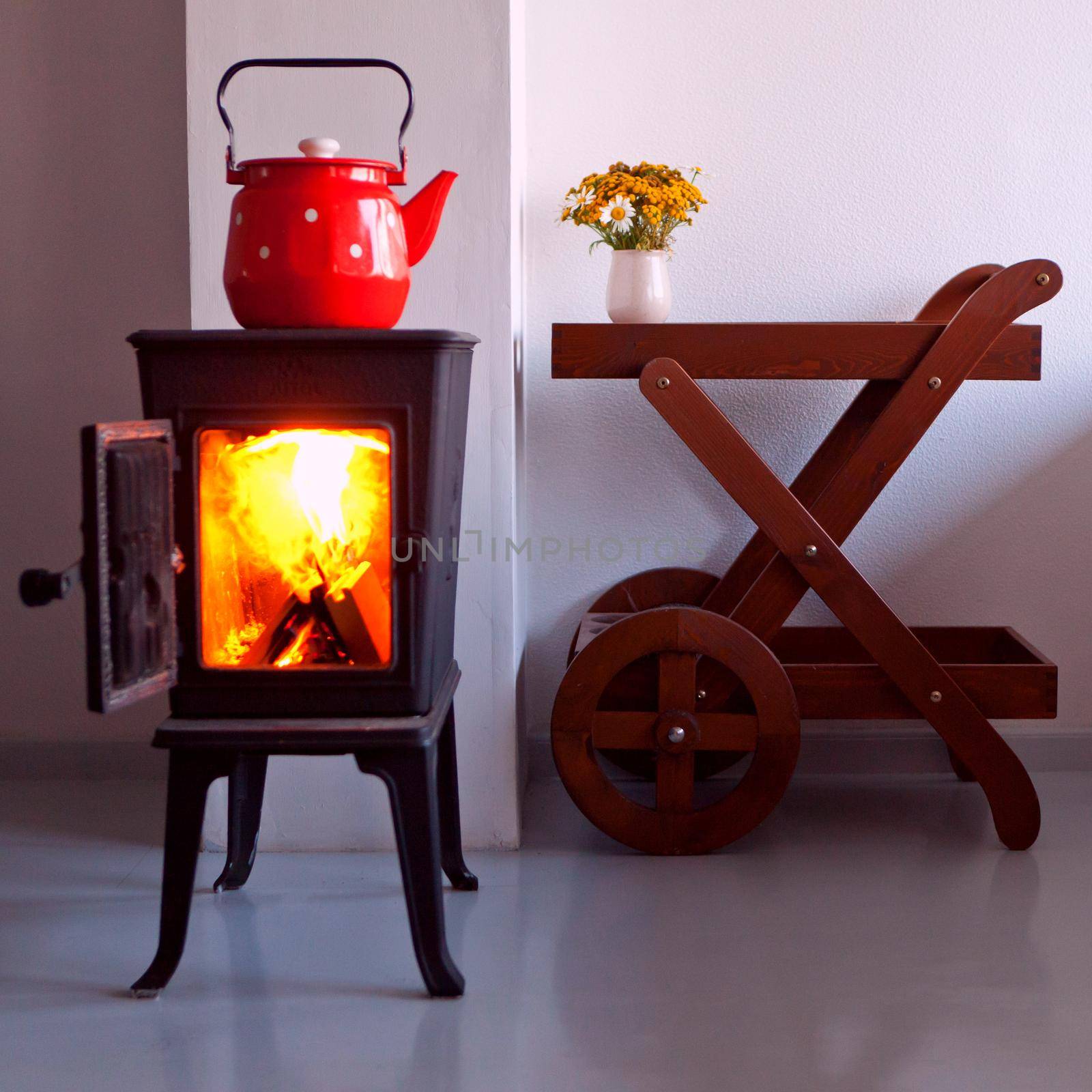 country home design and interior with furnace. red kettle boiling on a retro stove in the kitchen. open fireplace. Focus on a spout by julija