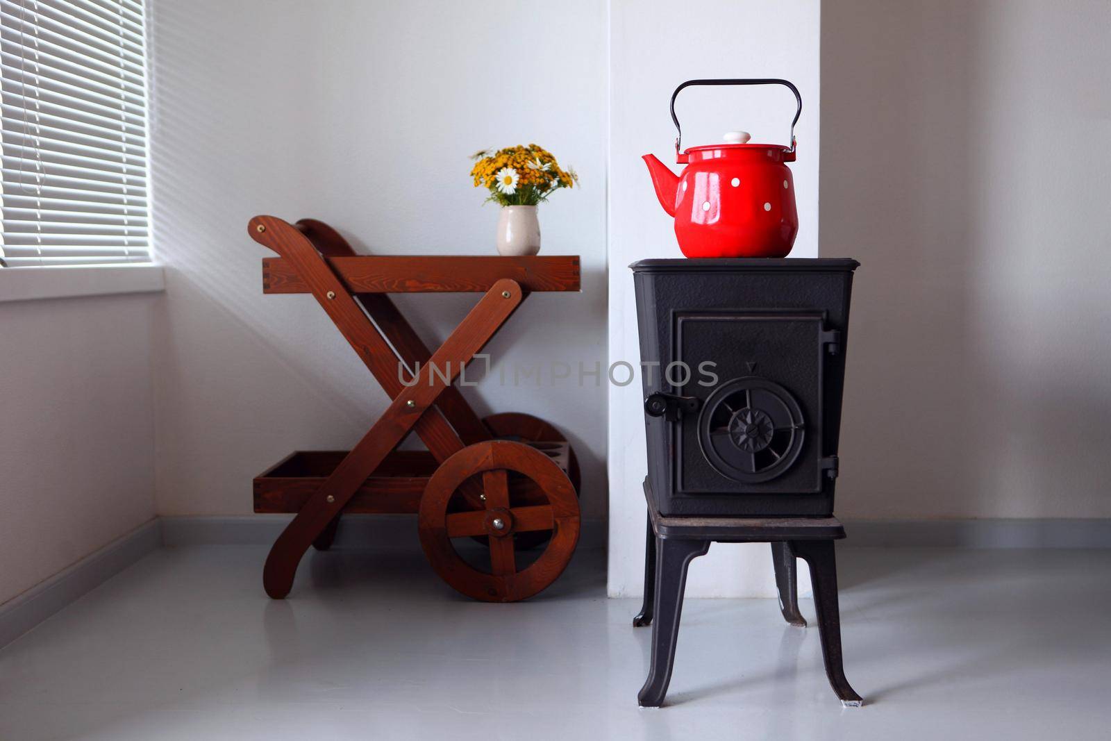 red kettle boiling on a retro stove in the kitchen. Focus on a spout. country home design with furnace at the interior