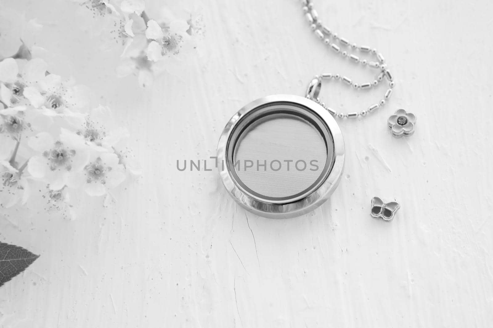 Silver necklace for her shining on white background with white spring flowers. Luxury silver jewelry chains with glass and crystals. Small Beautiful precious metal present for woman.