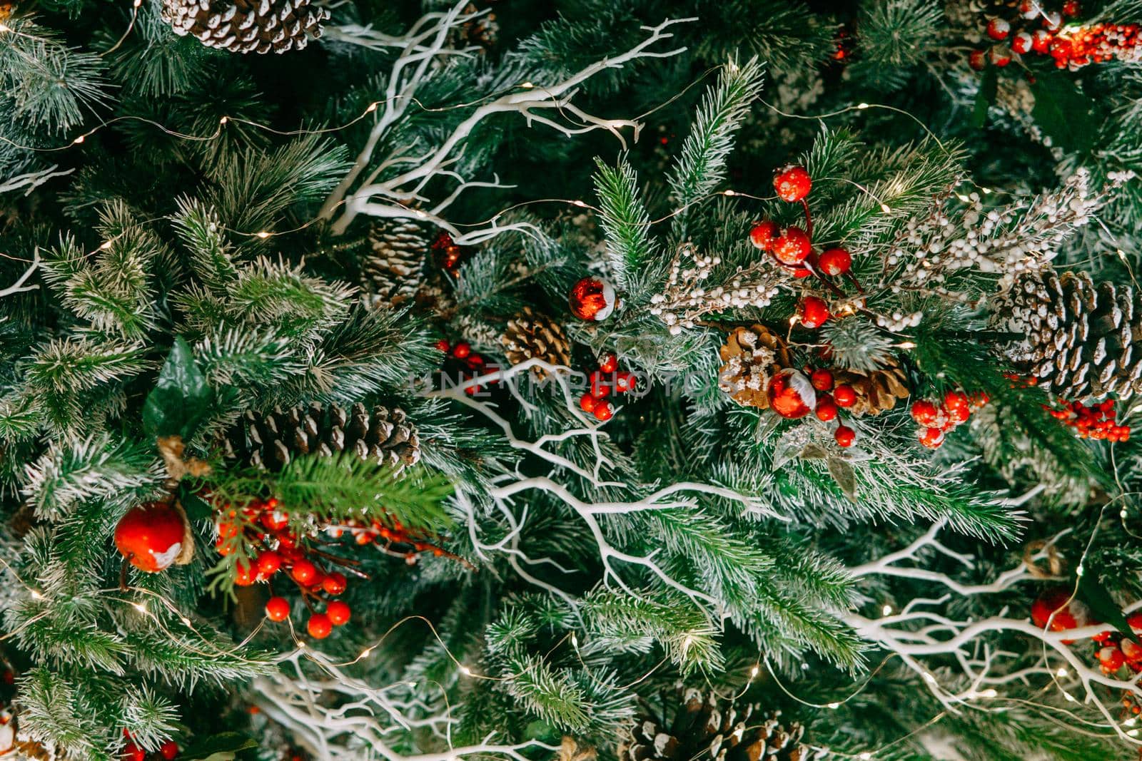 Balloons and handmade decorations on the Christmas tree close-up. Christmas background. by Annu1tochka