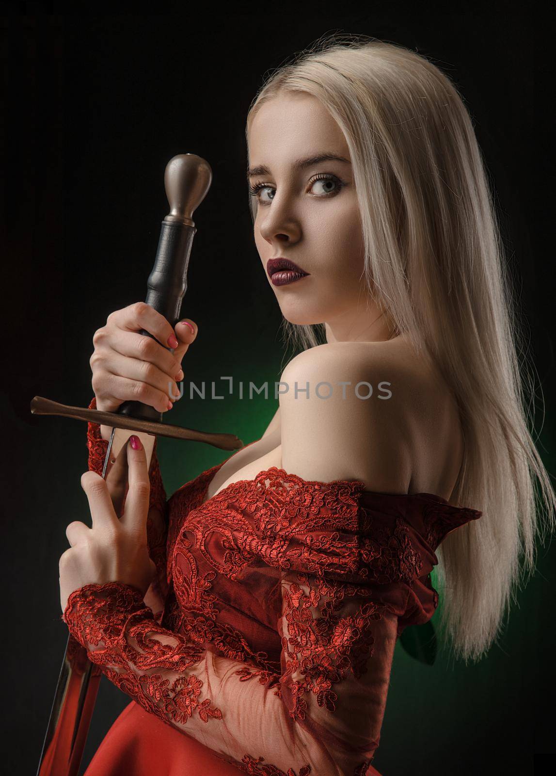 beautiful girl in red dress with sword by Rotozey